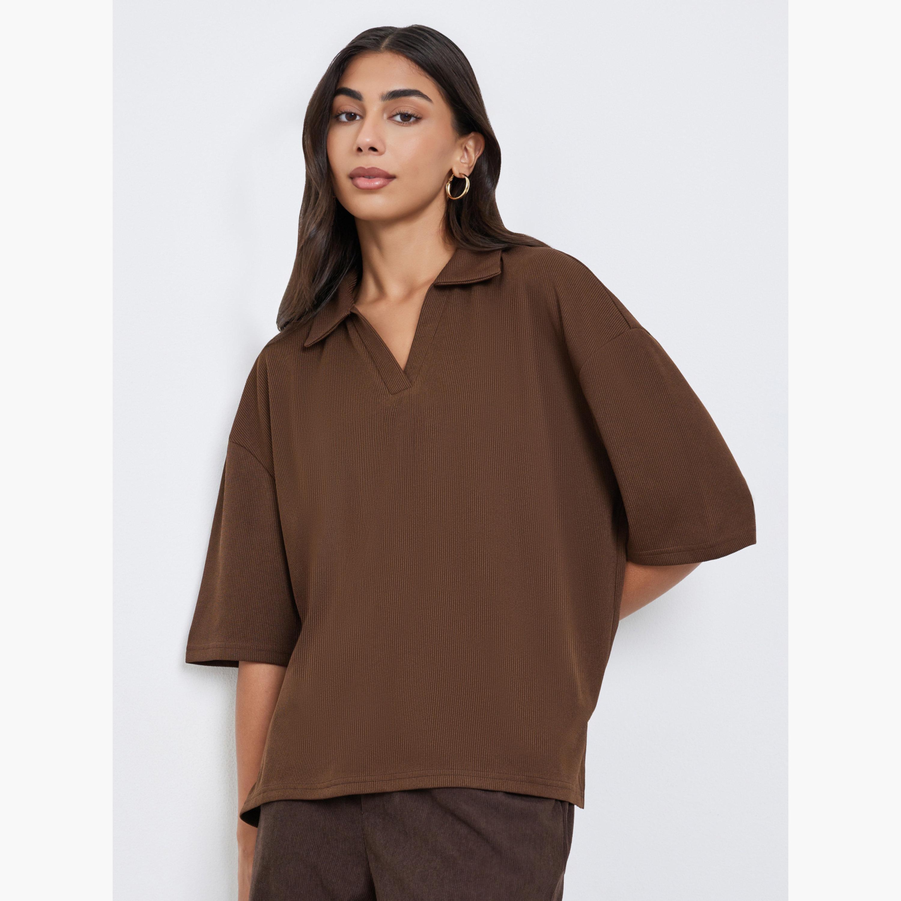 Styli Women Brown Soft Touch Relaxed Fit Polo T-Shirt-women-clothing-tshirts-image-2