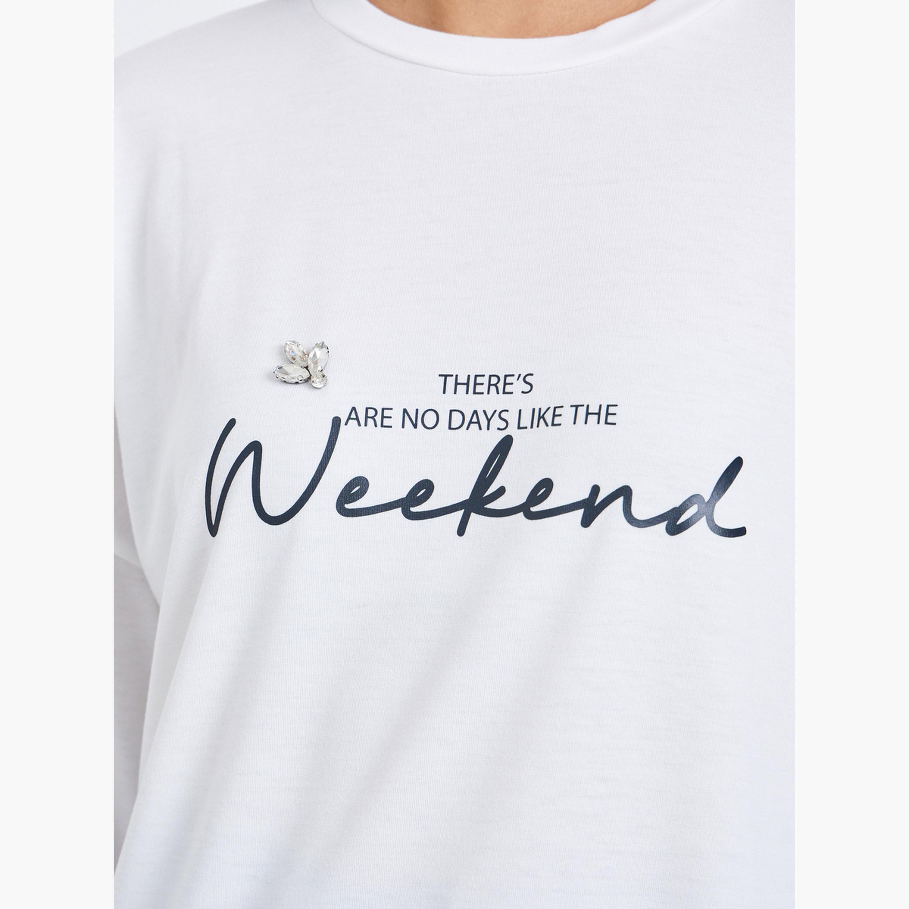 ستايلي - تي شيرت أبيض طبعة شعار بأكمام ثلاثة أرباع-women-clothing-tshirts-image-3