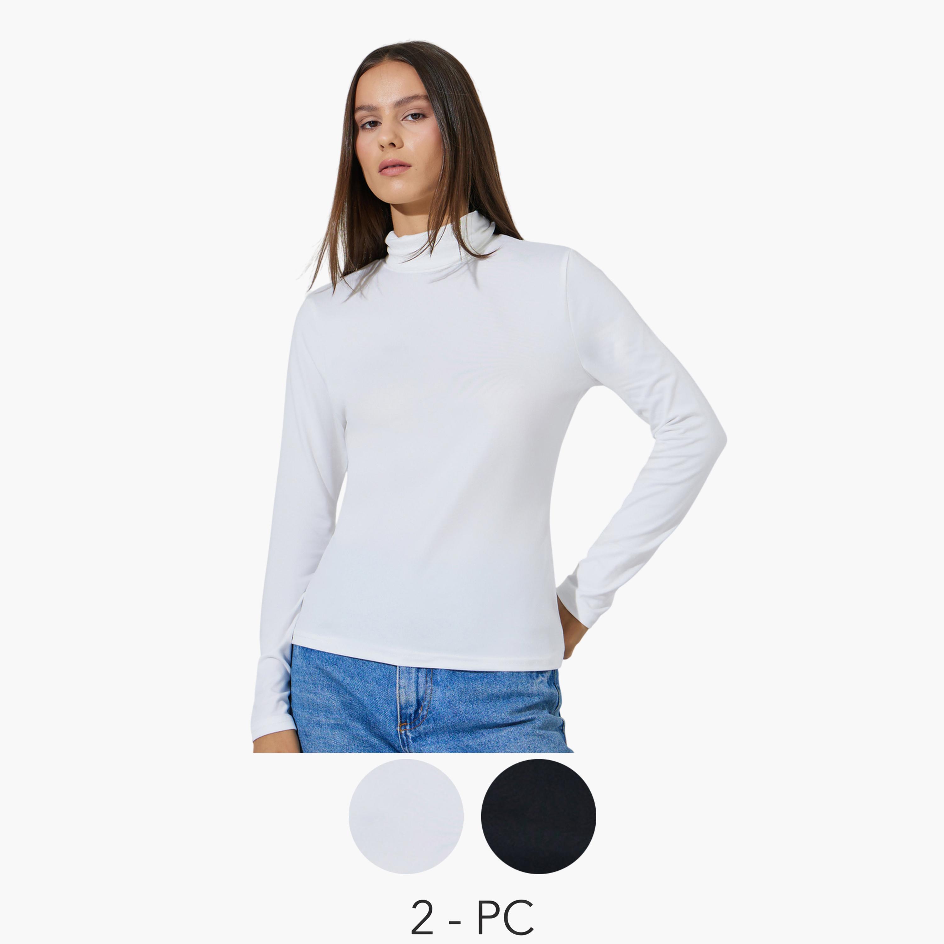 Styli Pack of 2 - Solid High Neck Fitted T-Shirt-women-clothing-tshirts-image-1