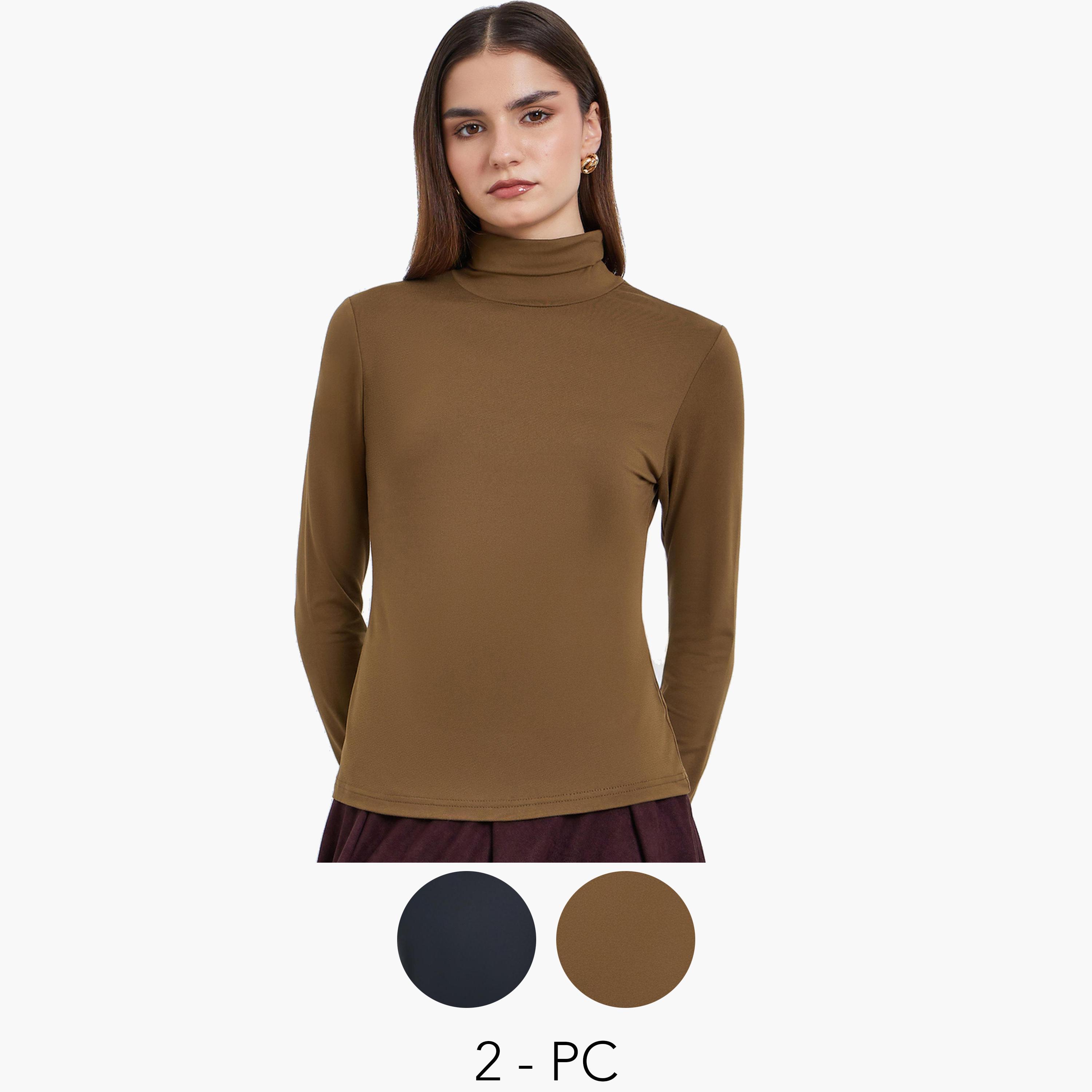 Styli Pack of 2 - Solid High Neck Fitted T-Shirt-women-clothing-tshirts-image-1