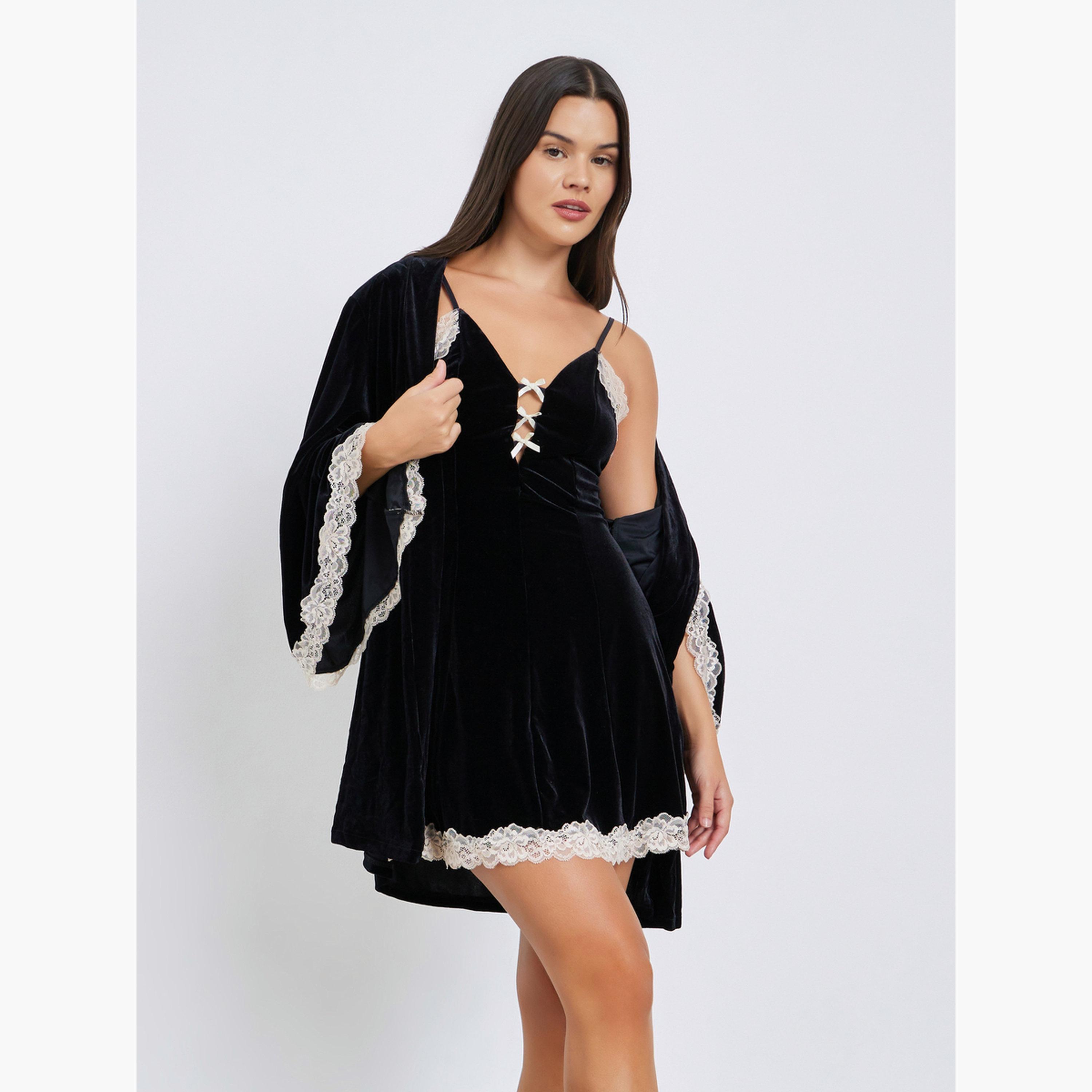ستايلي - فستان مخملي مع روب وحواف دانتيل متباينة اللون للنساء-women-clothing-nightwear-robes-image-1