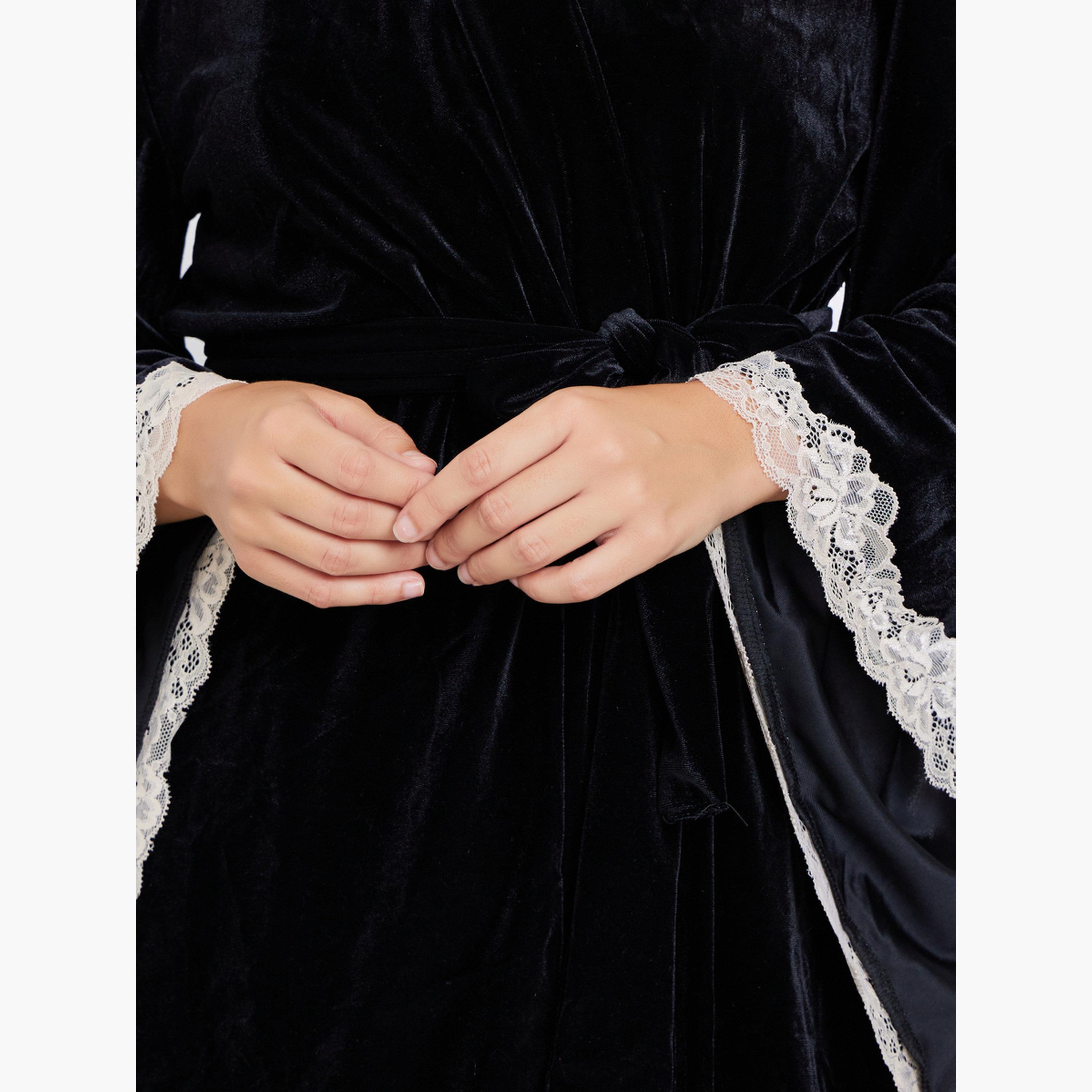 ستايلي - فستان مخملي مع روب وحواف دانتيل متباينة اللون للنساء-women-clothing-nightwear-robes-image-4
