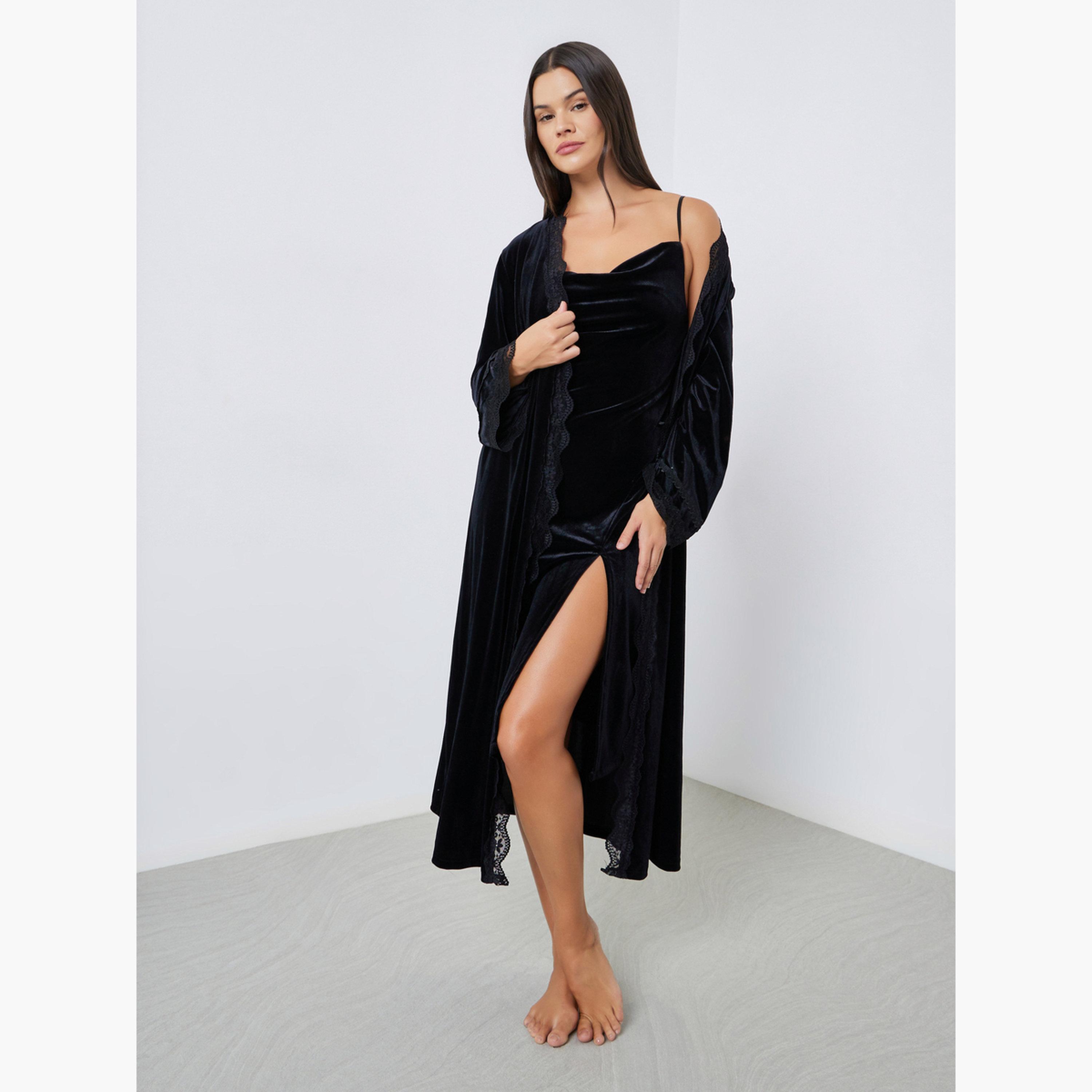 Styli Pack of 2 - Velvet Contrast Strap Slip Dress and Lace Trim Robe-women-clothing-nightwear-robes-image-1