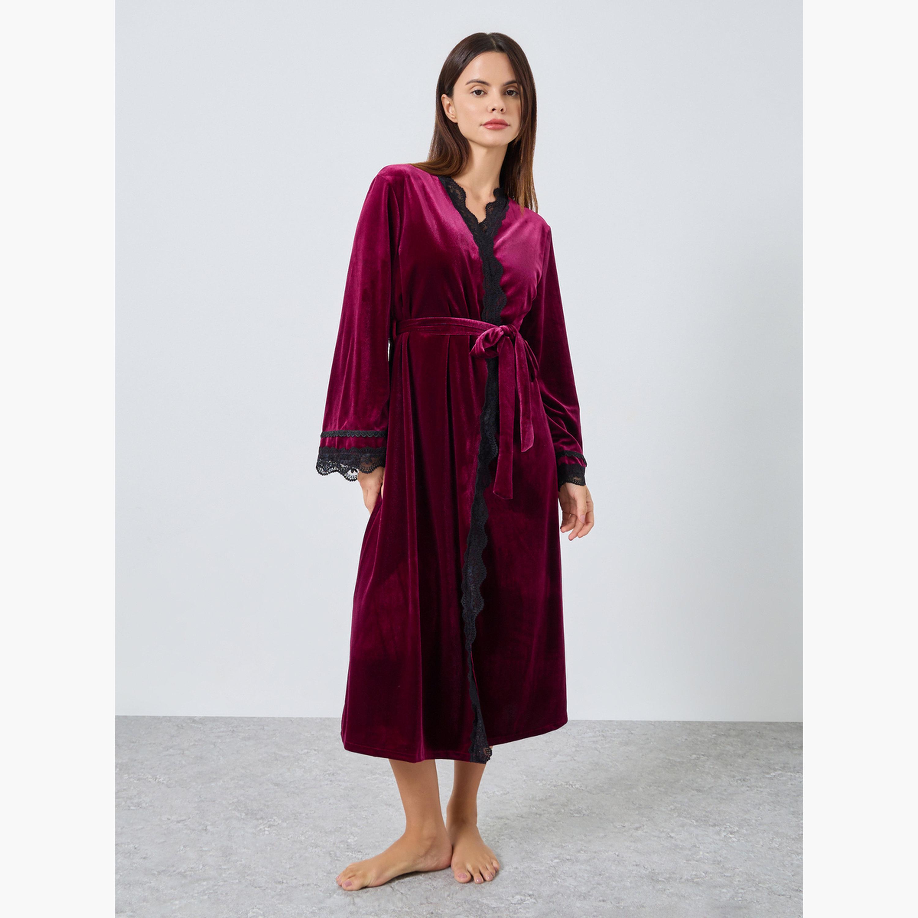 ستايلي - عبوة من قطعتين - فستان مخملي أحزمة متباينة وروب بحواف من الدانتيل للنساء-women-clothing-nightwear-robes-image-1