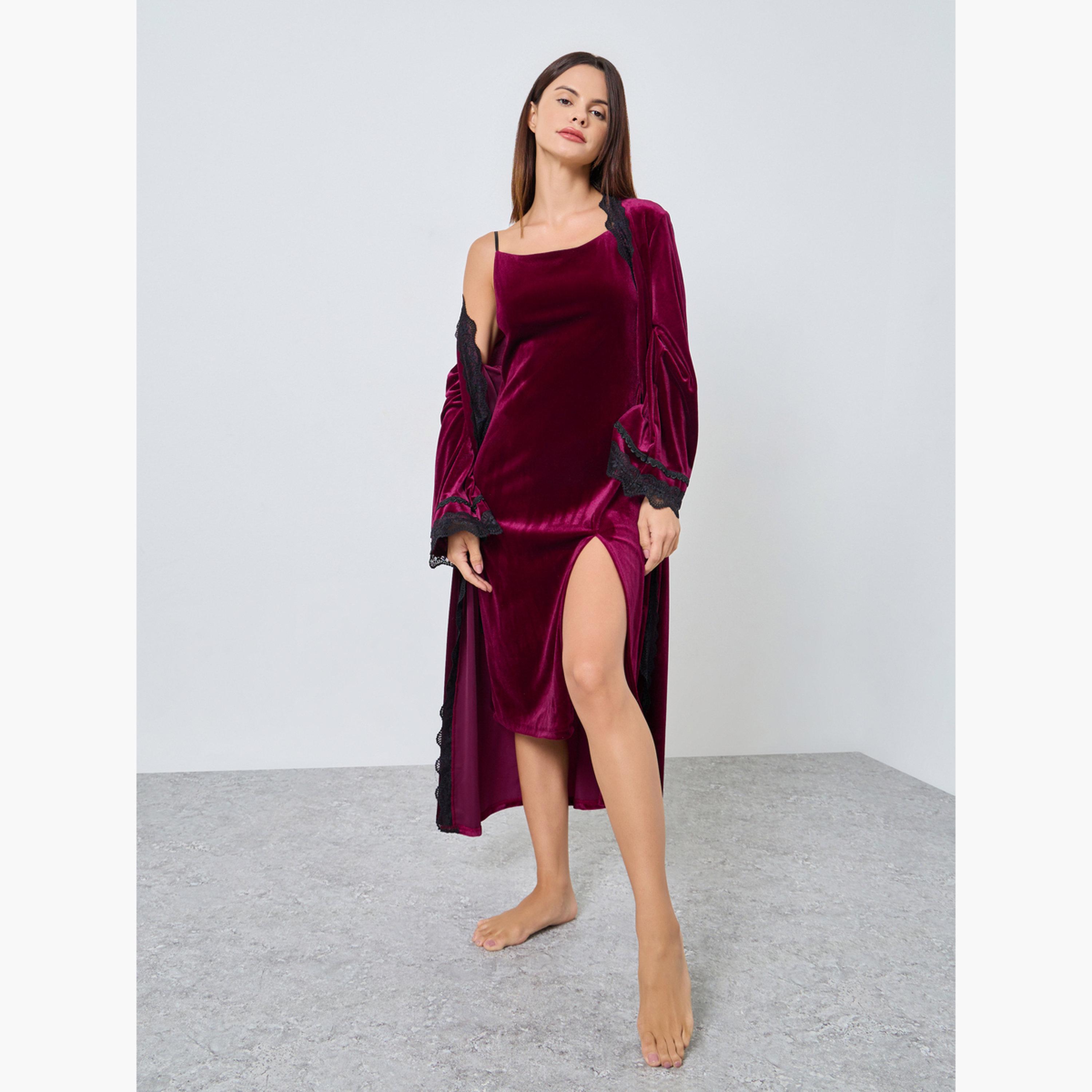 ستايلي - عبوة من قطعتين - فستان مخملي أحزمة متباينة وروب بحواف من الدانتيل للنساء-women-clothing-nightwear-robes-image-2