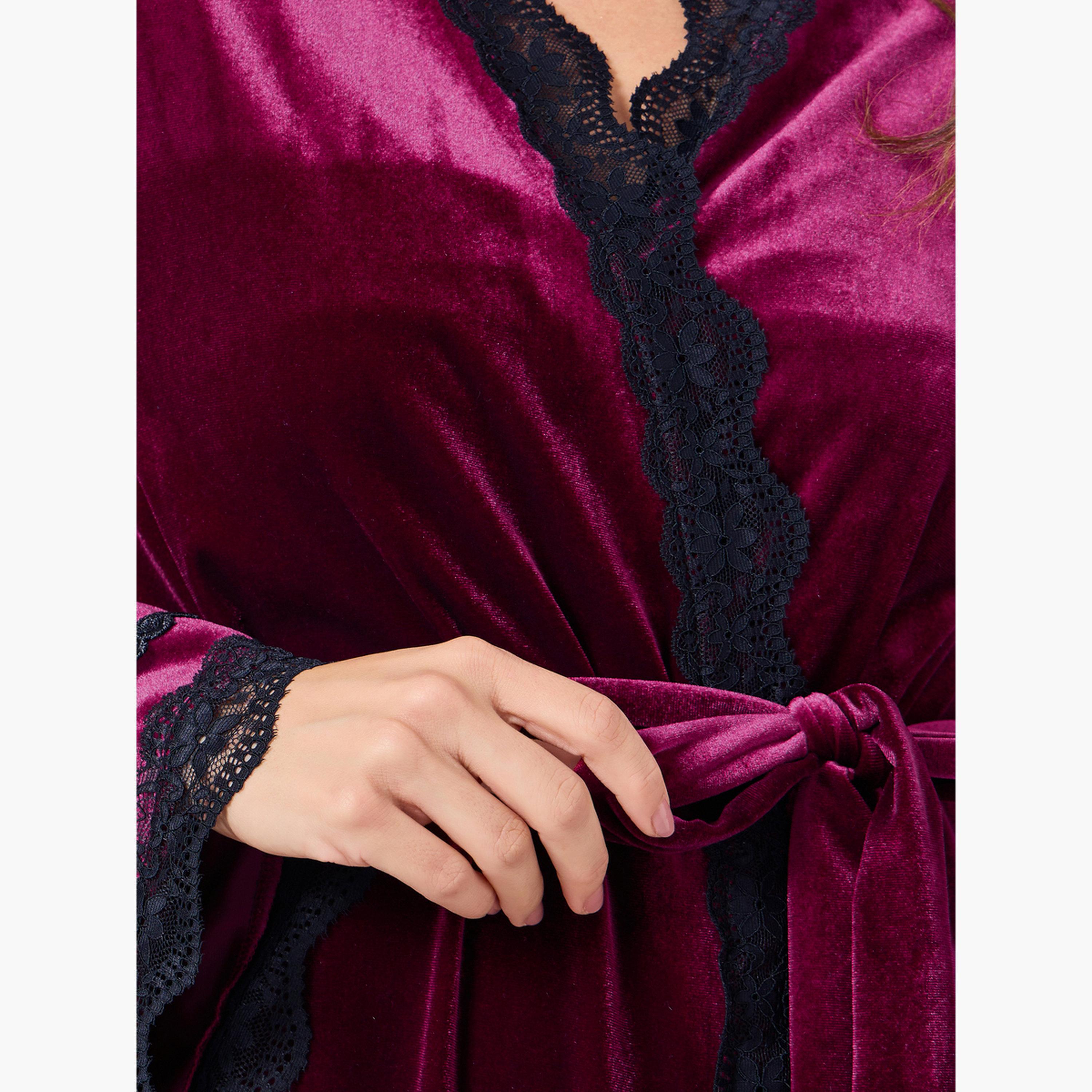 ستايلي - عبوة من قطعتين - فستان مخملي أحزمة متباينة وروب بحواف من الدانتيل للنساء-women-clothing-nightwear-robes-image-4