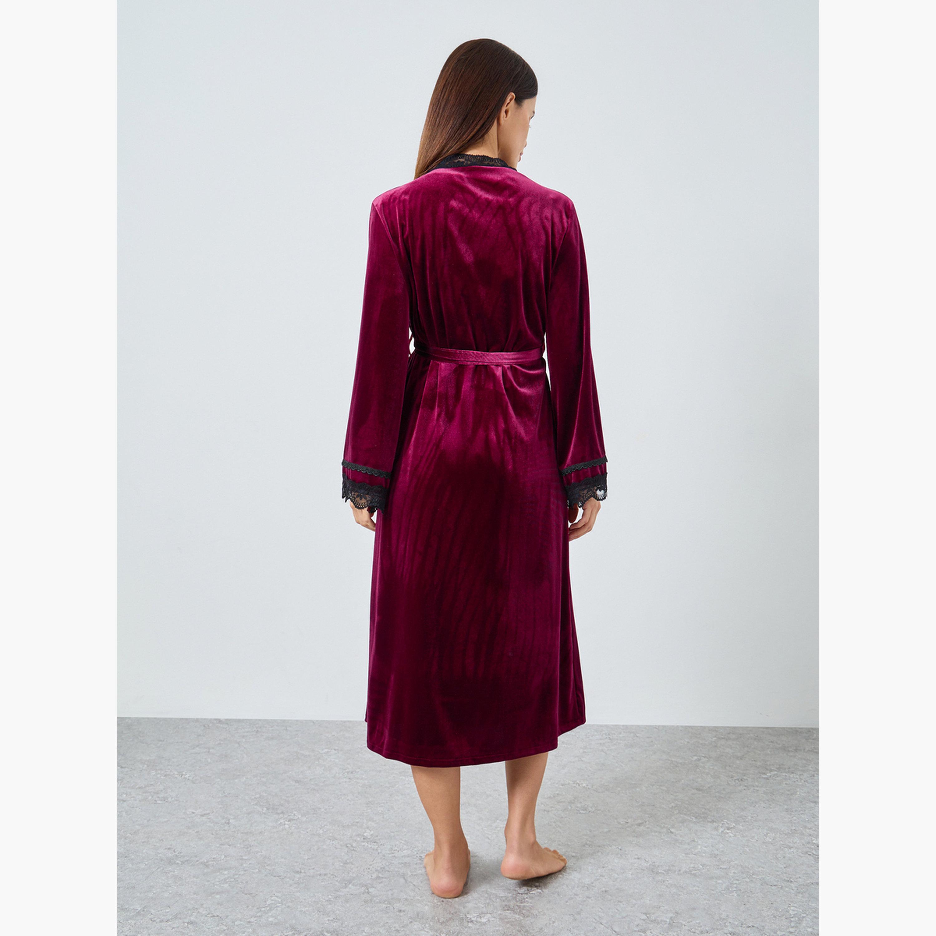 ستايلي - عبوة من قطعتين - فستان مخملي أحزمة متباينة وروب بحواف من الدانتيل للنساء-women-clothing-nightwear-robes-image-5