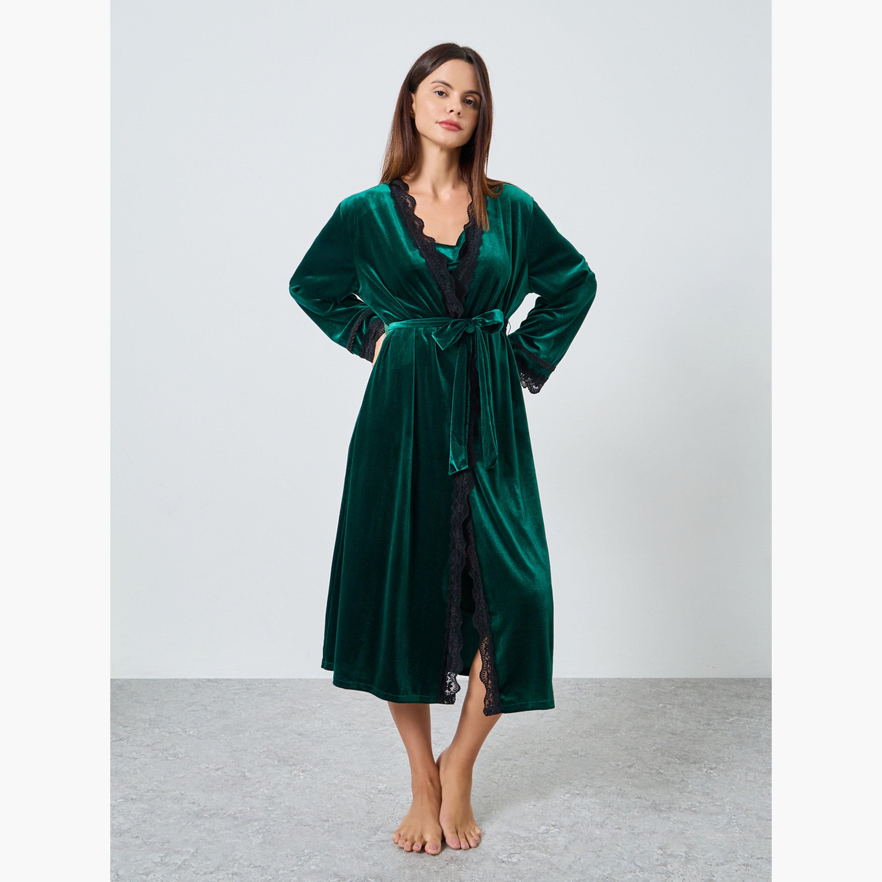 ستايلي - عبوة من قطعتين - فستان مخملي أحزمة متباينة وروب بحواف من الدانتيل للنساء-women-clothing-nightwear-robes-image-1