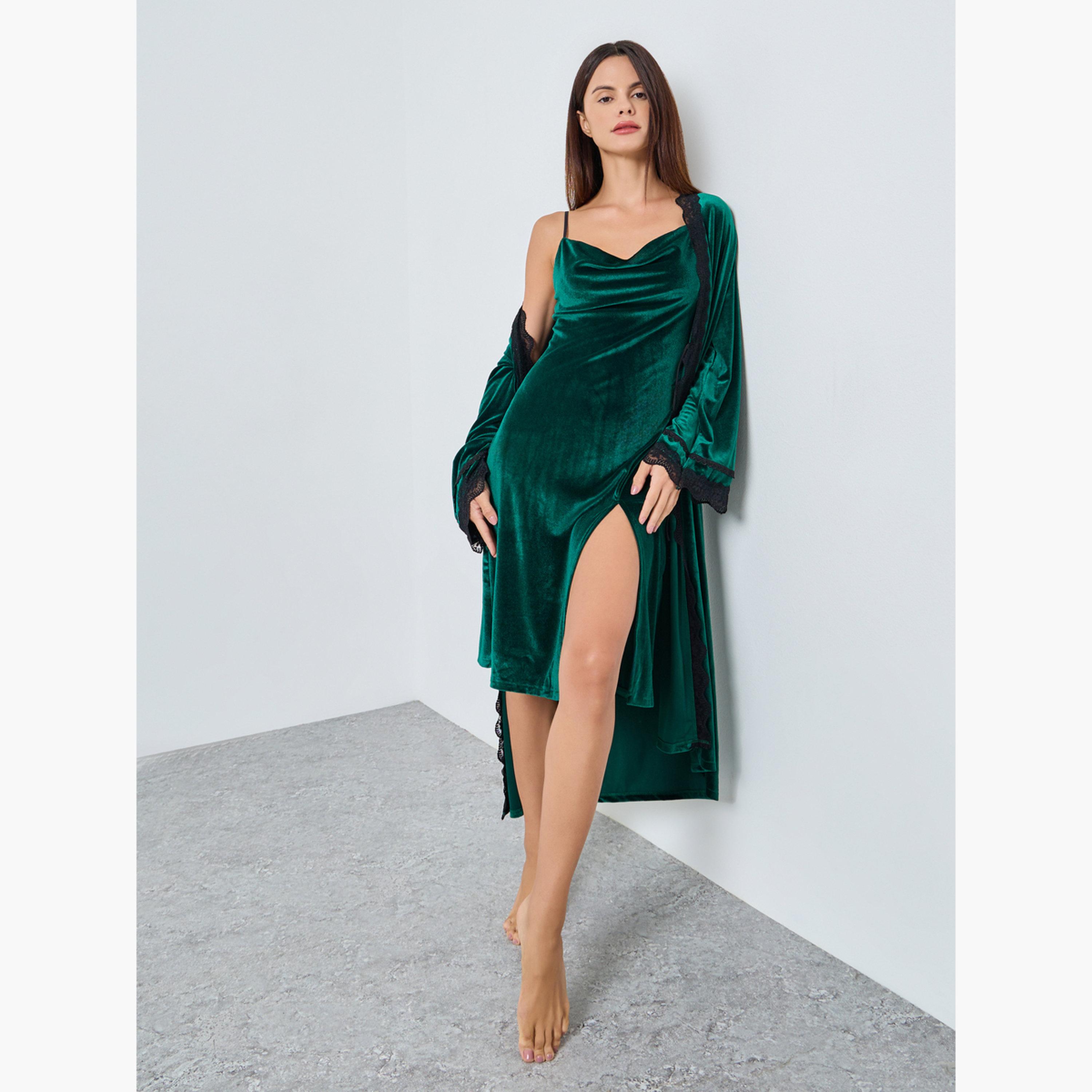 ستايلي - عبوة من قطعتين - فستان مخملي أحزمة متباينة وروب بحواف من الدانتيل للنساء-women-clothing-nightwear-robes-image-2