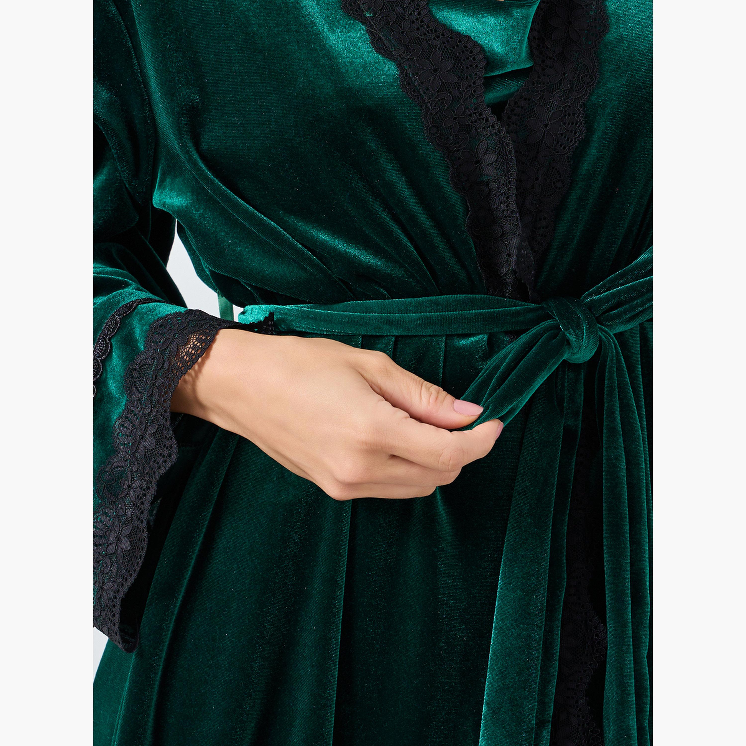 ستايلي - عبوة من قطعتين - فستان مخملي أحزمة متباينة وروب بحواف من الدانتيل للنساء-women-clothing-nightwear-robes-image-4