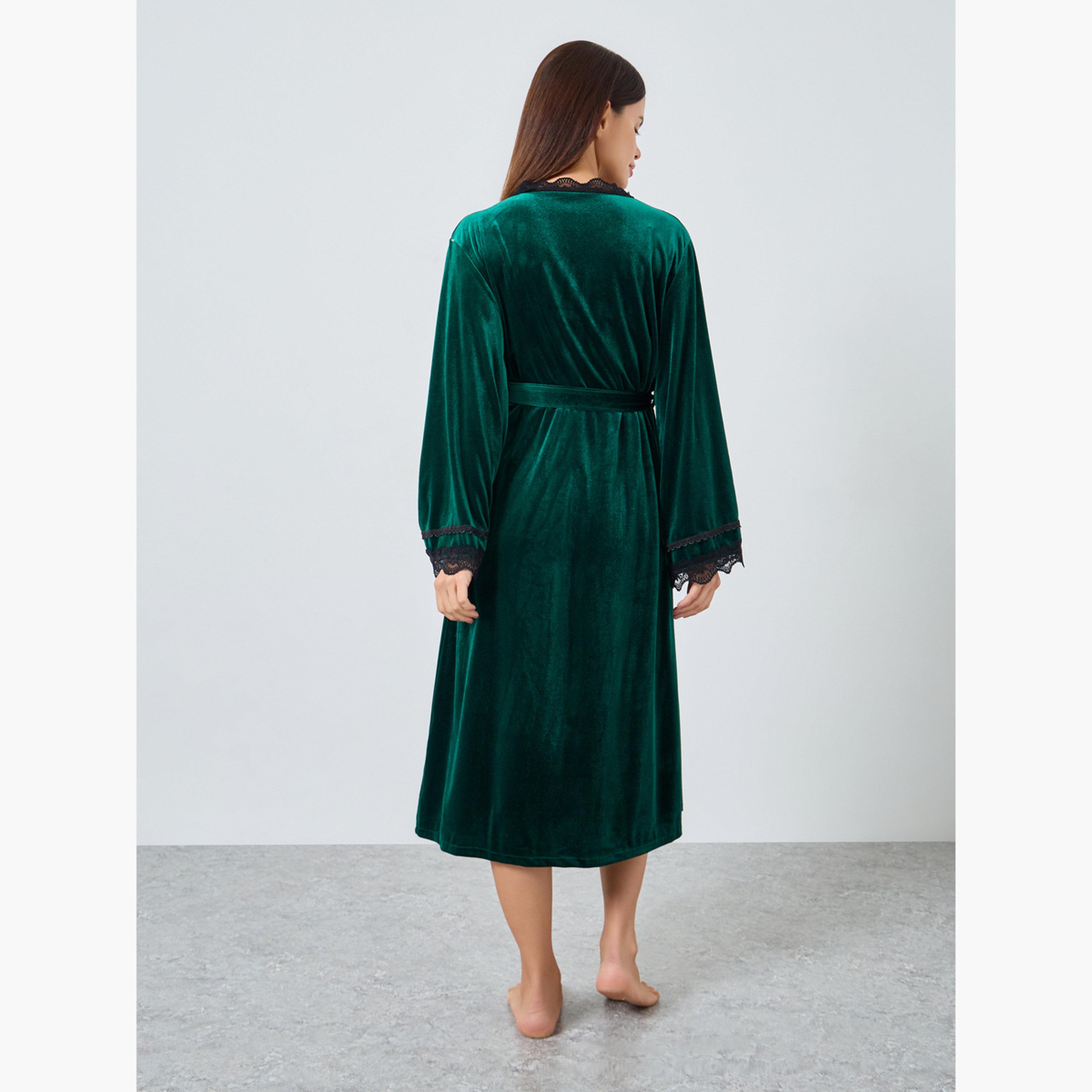 ستايلي - عبوة من قطعتين - فستان مخملي أحزمة متباينة وروب بحواف من الدانتيل للنساء-women-clothing-nightwear-robes-image-5