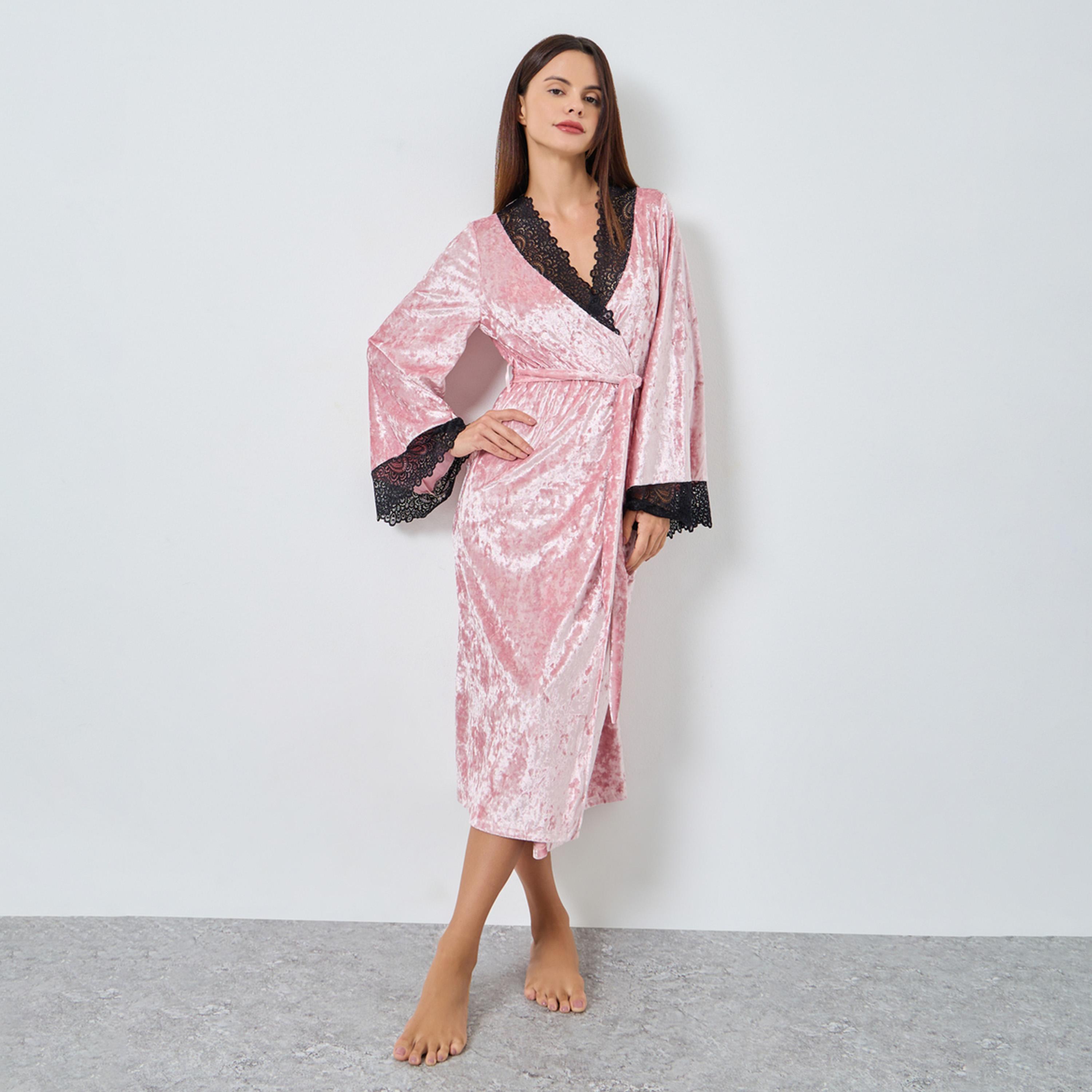 Styli Crushed Velvet Contrast Lace Trim Robe-women-clothing-nightwear-robes-image-1