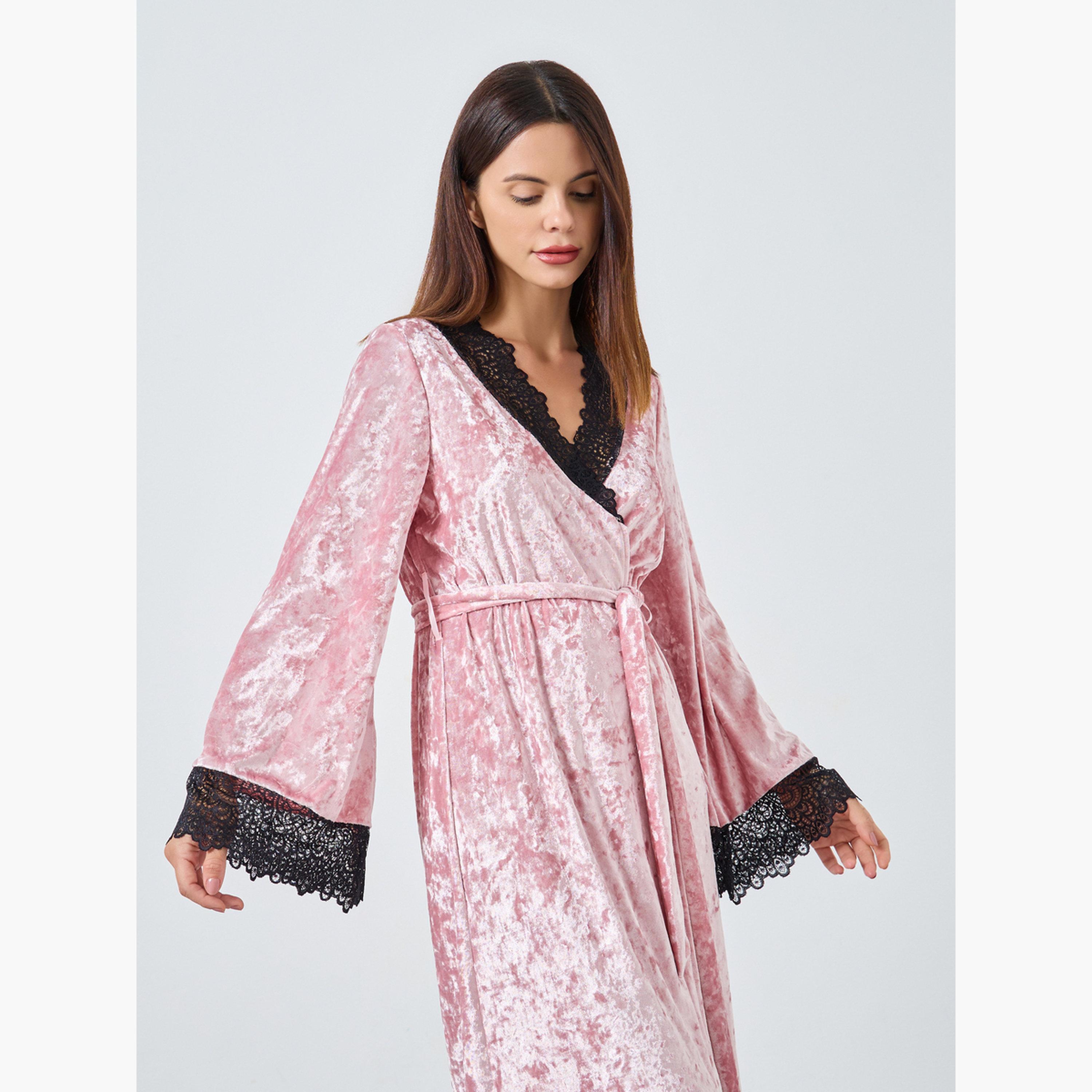 Styli Crushed Velvet Contrast Lace Trim Robe-women-clothing-nightwear-robes-image-2
