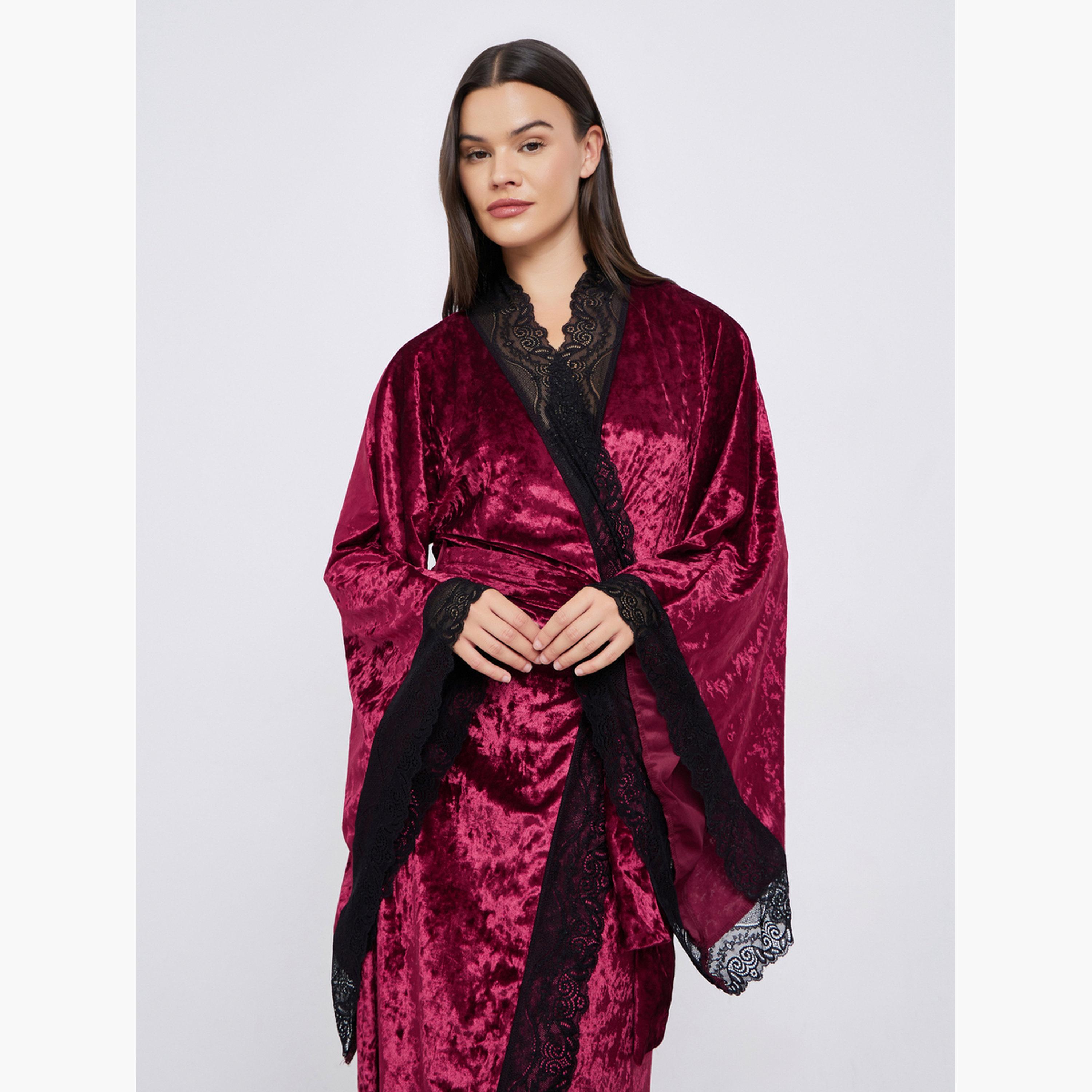 Styli Crushed Velvet Flared Sleeves Robe with Contrast Lace Trim-women-clothing-nightwear-robes-image-2