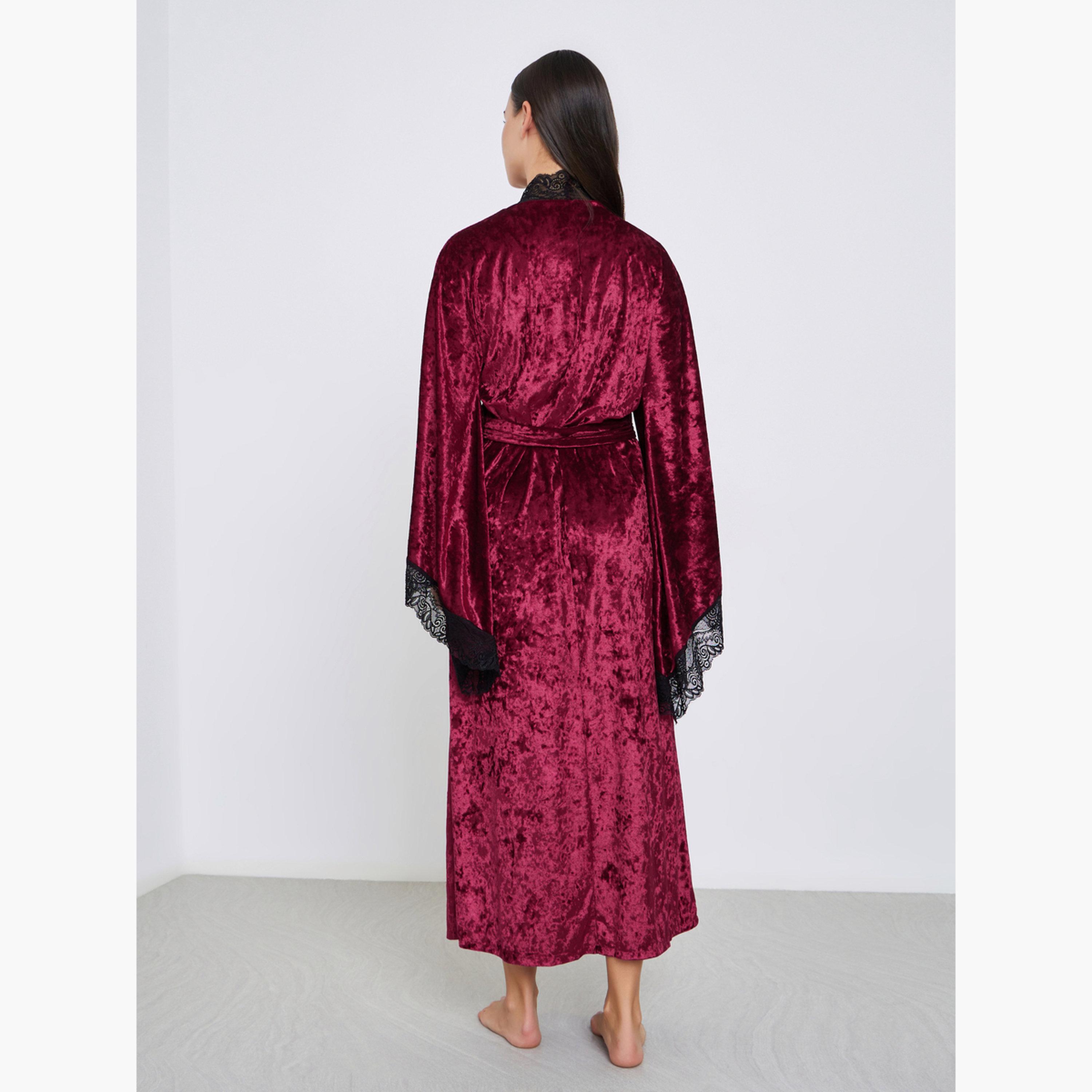 Styli Crushed Velvet Flared Sleeves Robe with Contrast Lace Trim-women-clothing-nightwear-robes-image-3