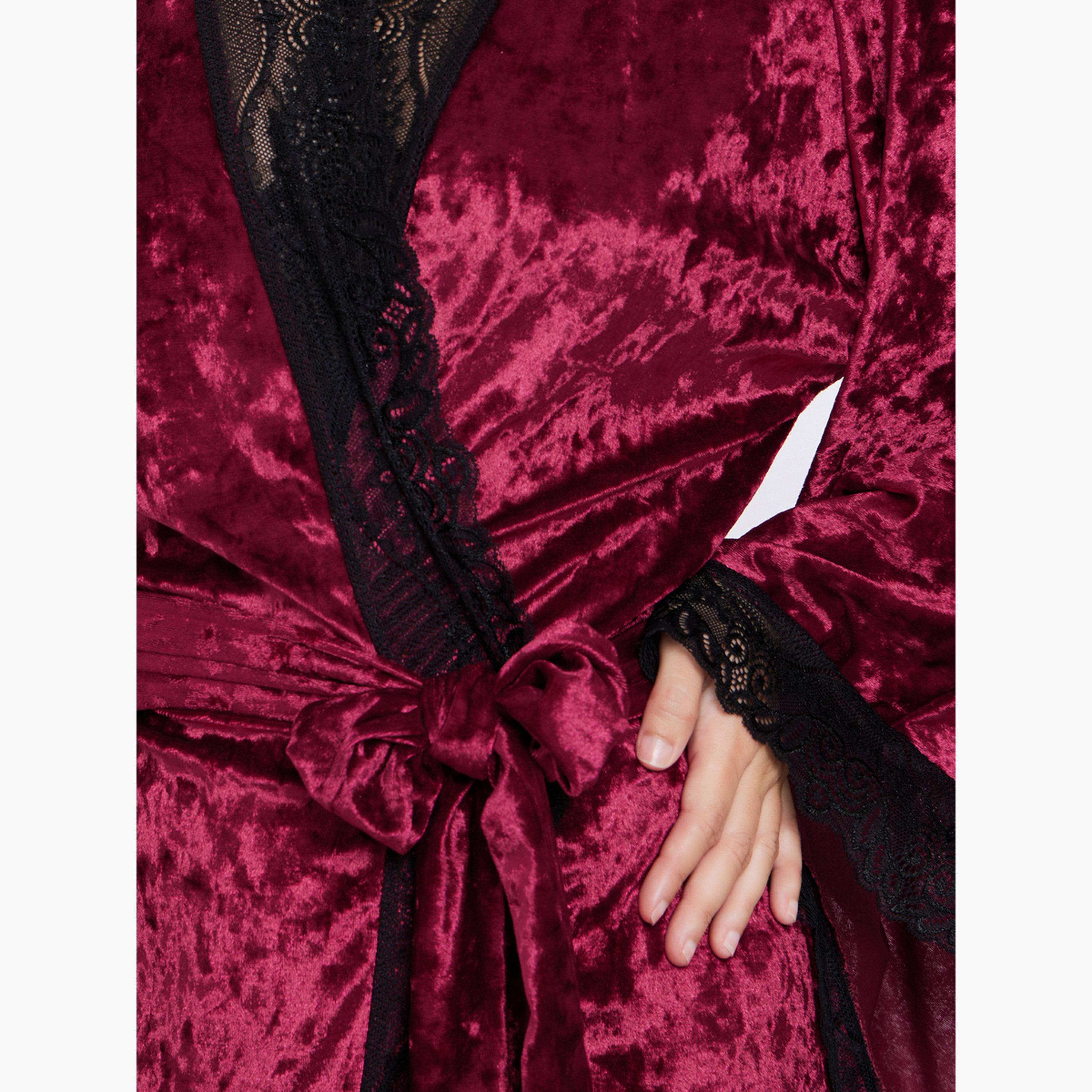Styli Crushed Velvet Flared Sleeves Robe with Contrast Lace Trim-women-clothing-nightwear-robes-image-4