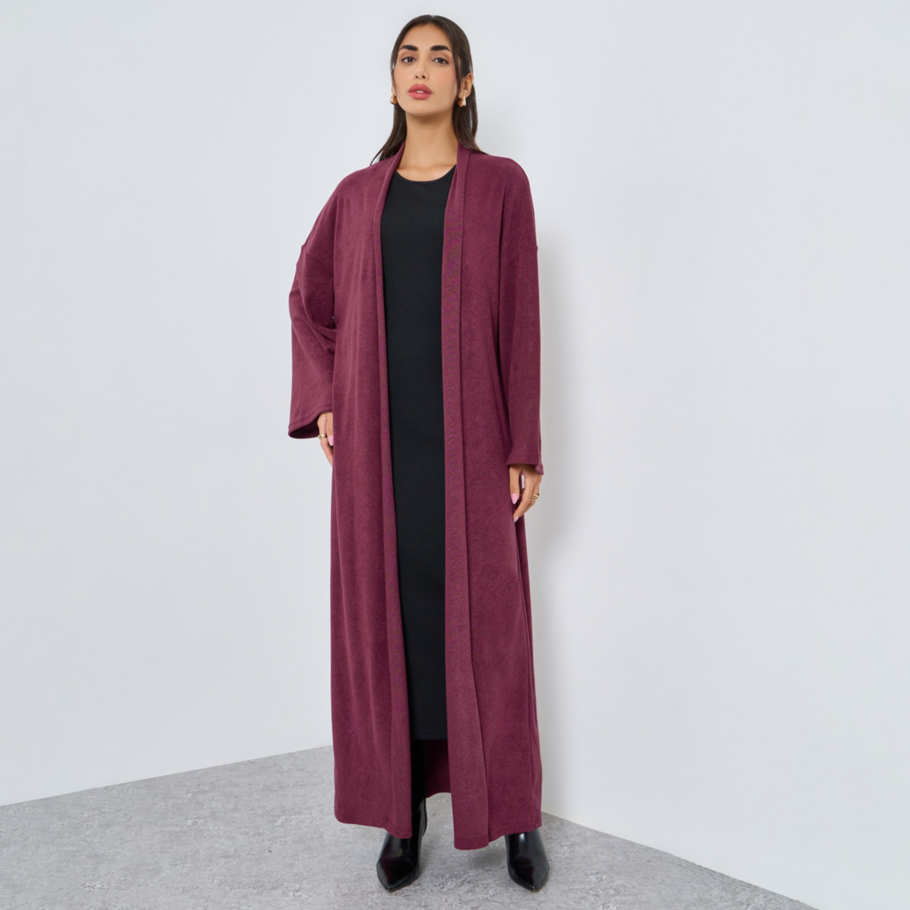 Amirah X Styli Burgundy Textured Open Front Abaya-women-arabicclothing-abayas-image-1