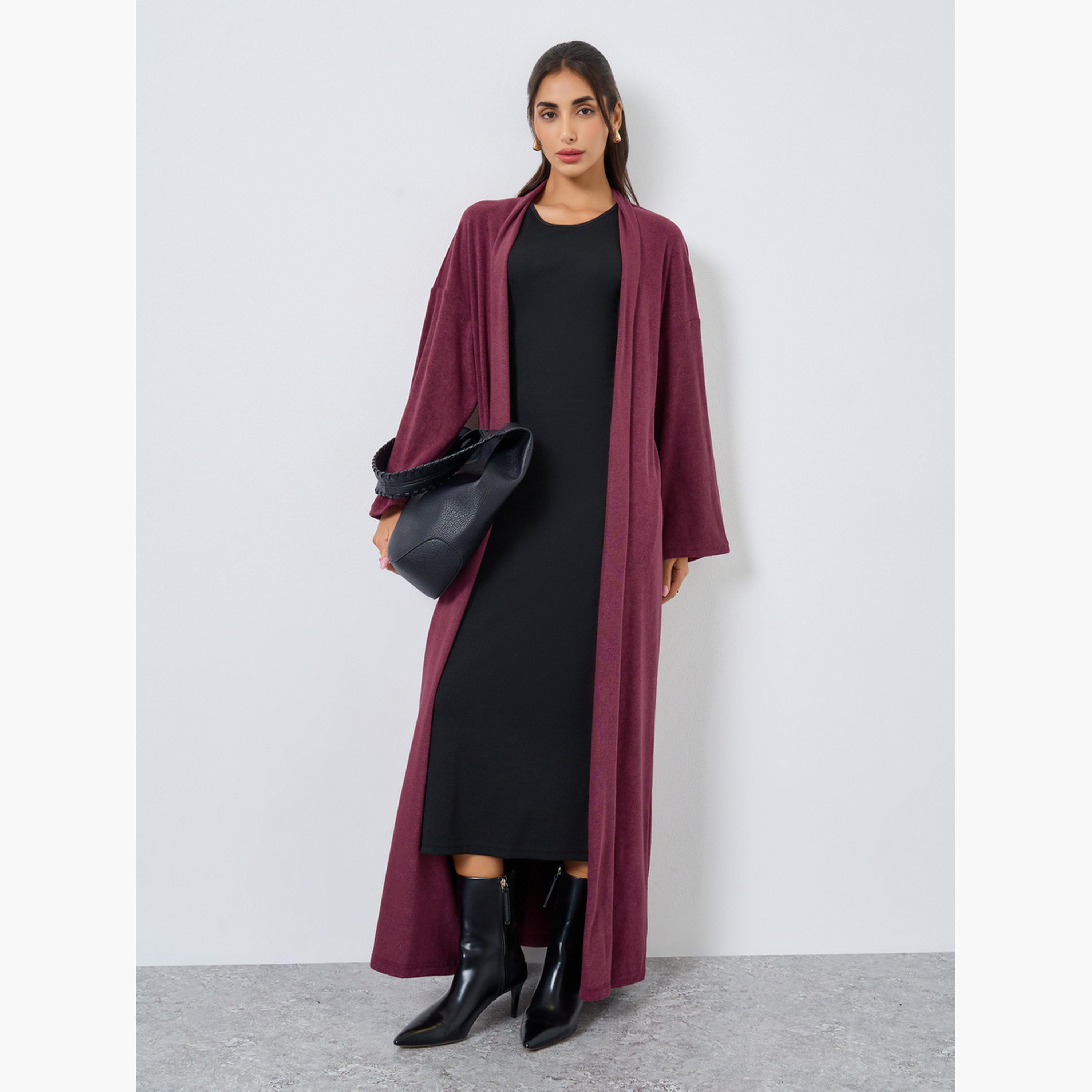 Amirah X Styli Burgundy Textured Open Front Abaya-women-arabicclothing-abayas-image-2