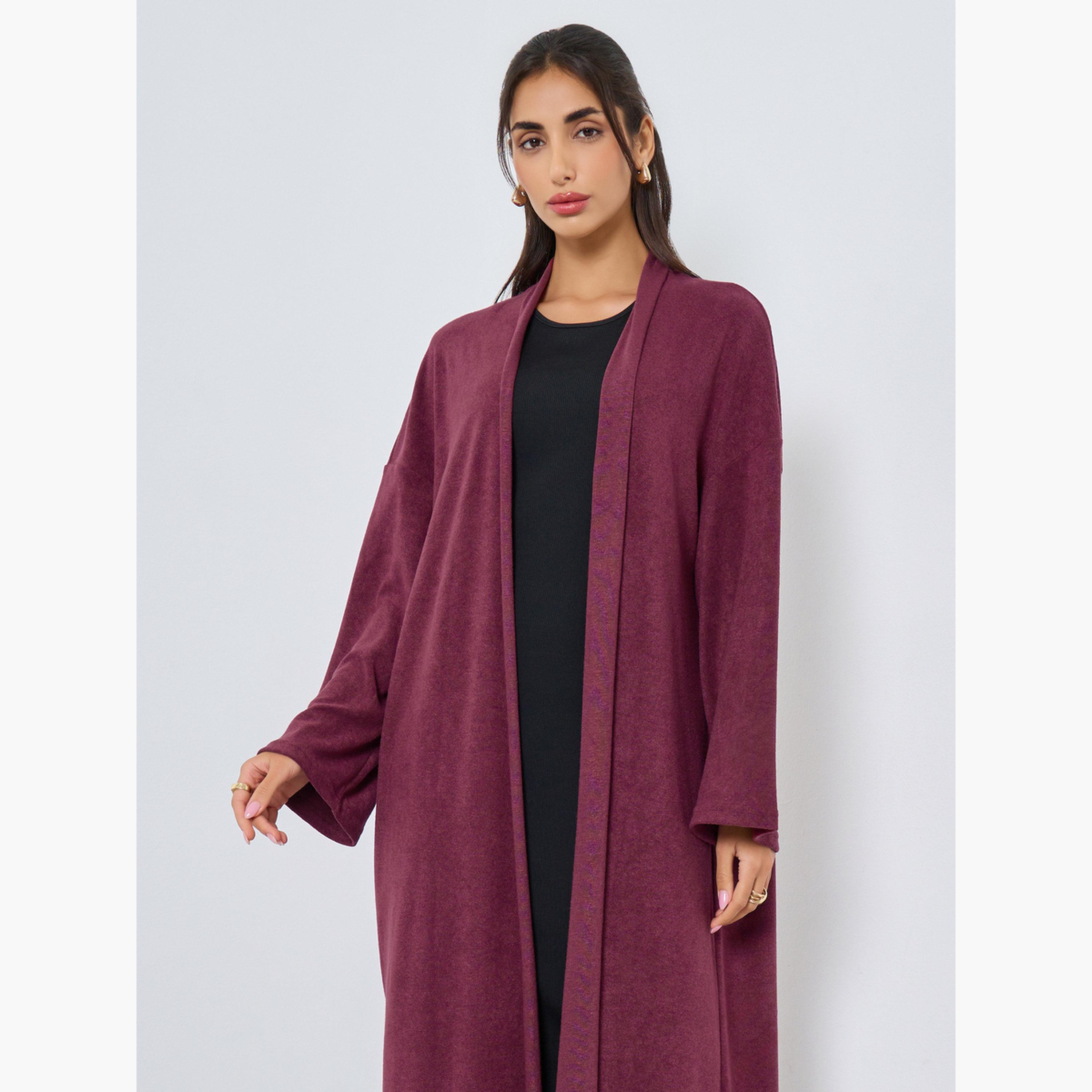 Amirah X Styli Burgundy Textured Open Front Abaya-women-arabicclothing-abayas-image-3