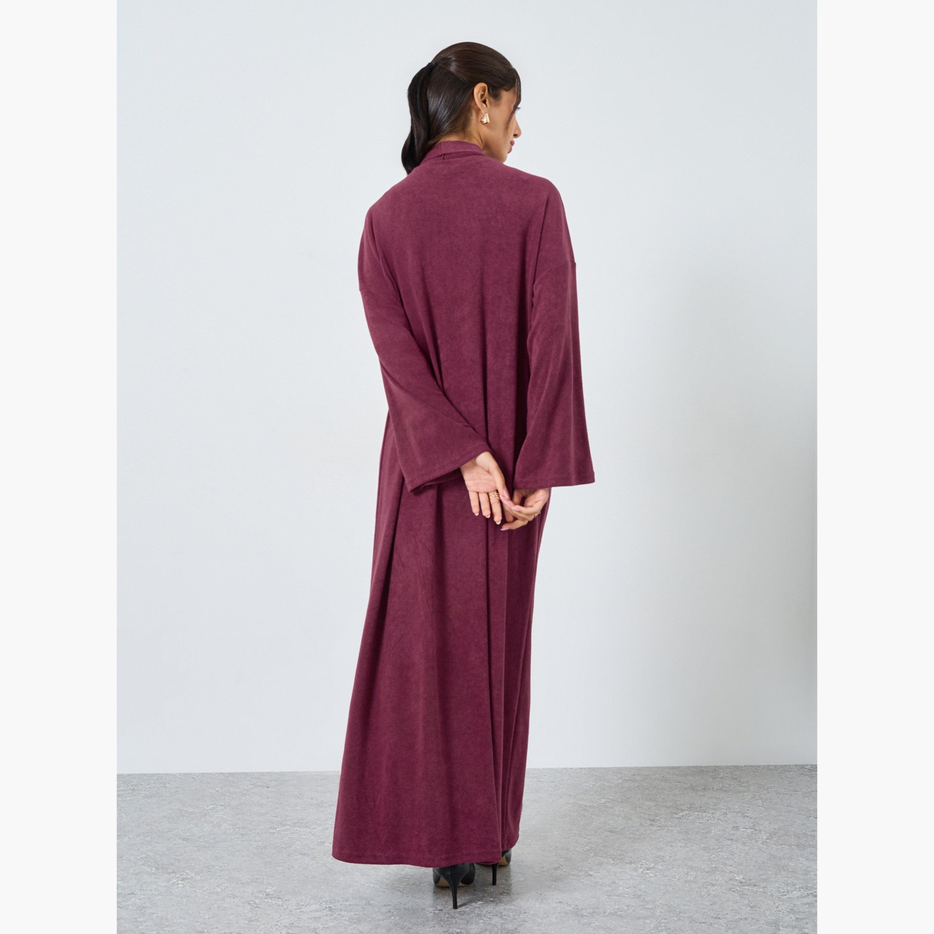 Amirah X Styli Burgundy Textured Open Front Abaya-women-arabicclothing-abayas-image-4