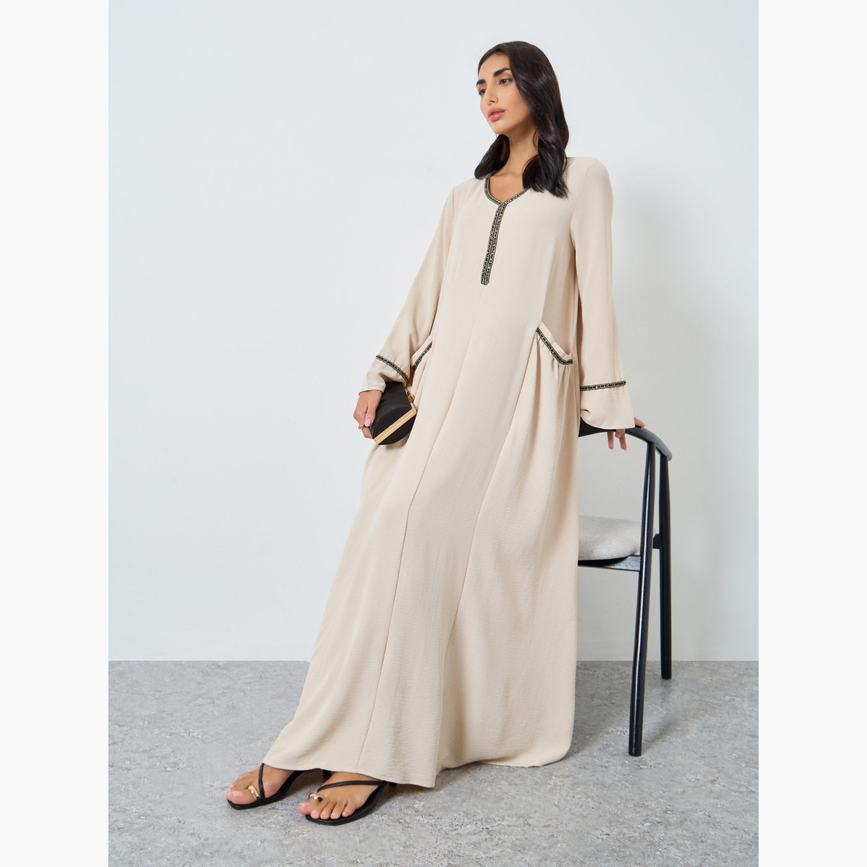 Styli Cream Lace Detail A-Line Jalabiya-women-arabicclothing-jalabiyas-image-2