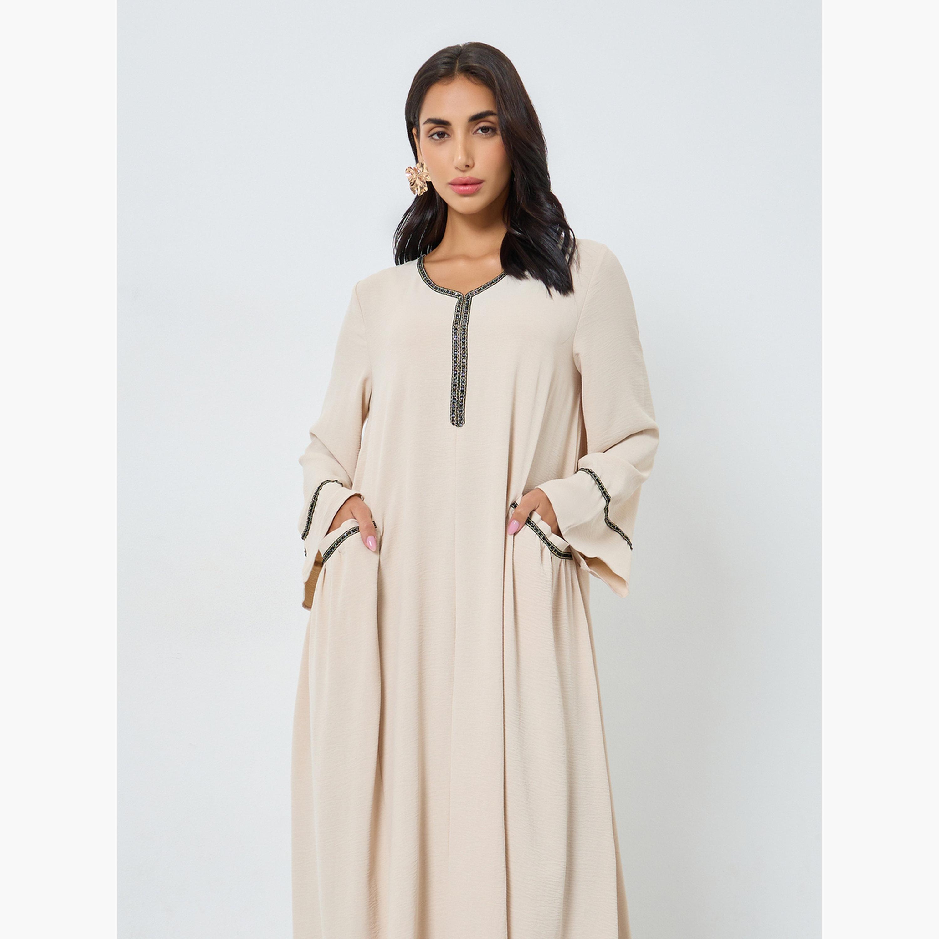 Styli Cream Lace Detail A-Line Jalabiya-women-arabicclothing-jalabiyas-image-3