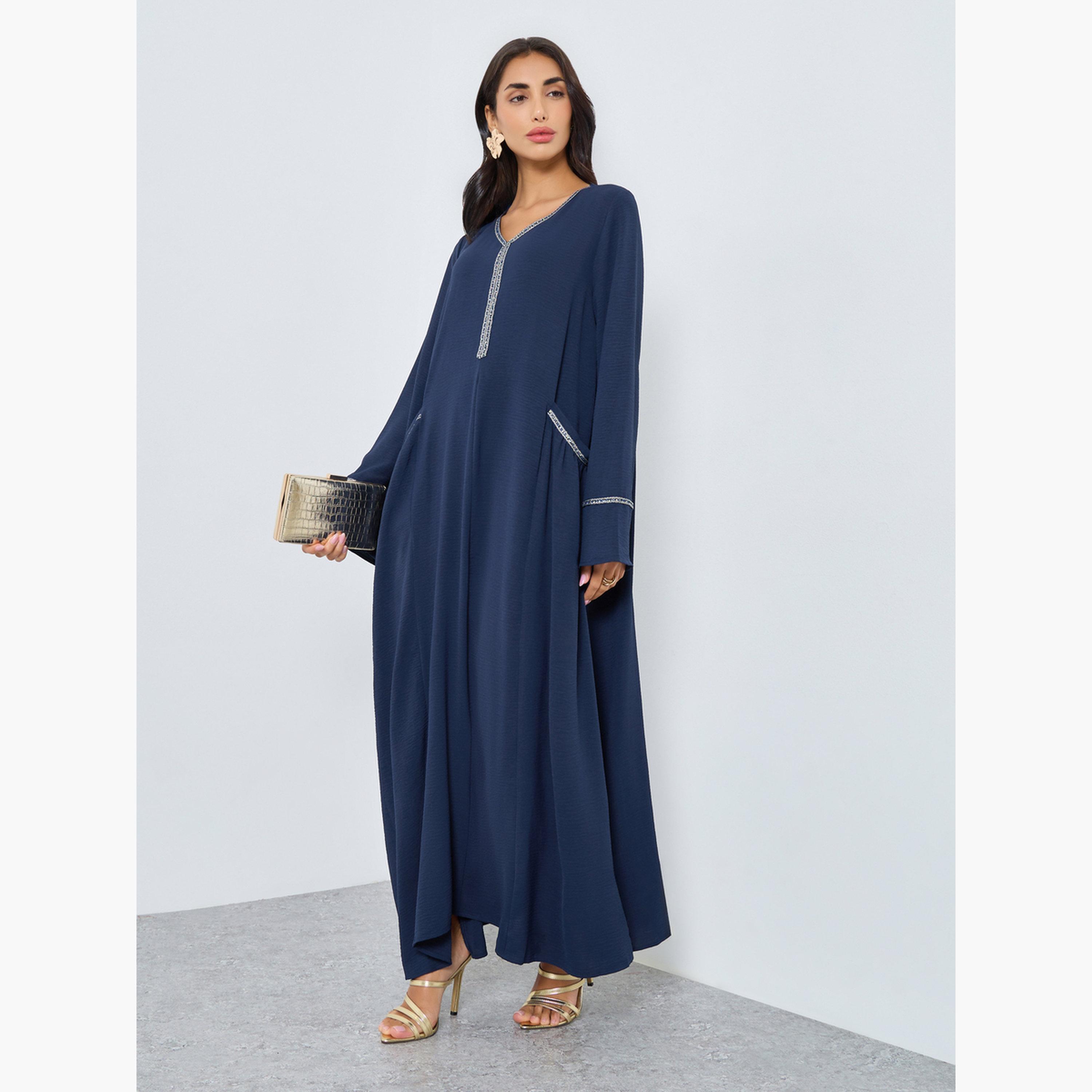 ستايلي - جلابية زرقاء داكنة بتفاصيل دانتيل على شكل حرف A-women-arabicclothing-jalabiyas-image-1