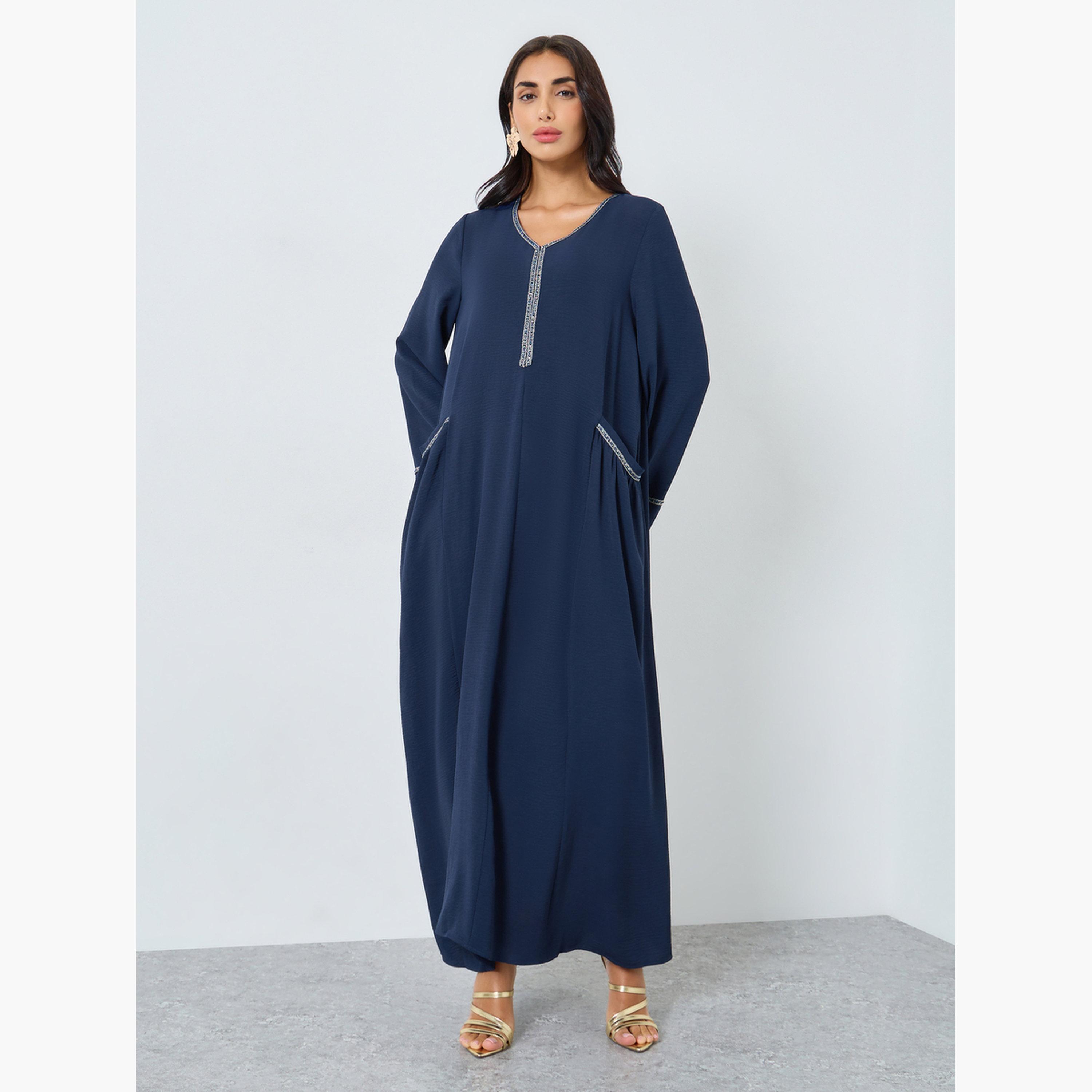 ستايلي - جلابية زرقاء داكنة بتفاصيل دانتيل على شكل حرف A-women-arabicclothing-jalabiyas-image-2