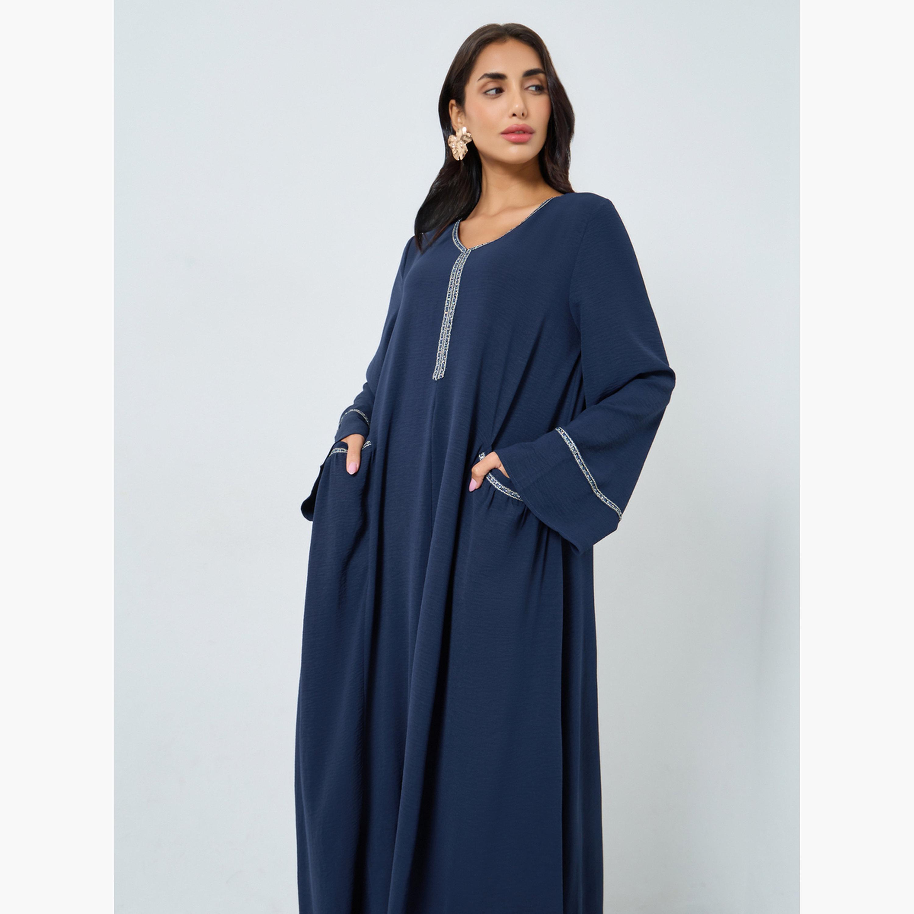 ستايلي - جلابية زرقاء داكنة بتفاصيل دانتيل على شكل حرف A-women-arabicclothing-jalabiyas-image-3