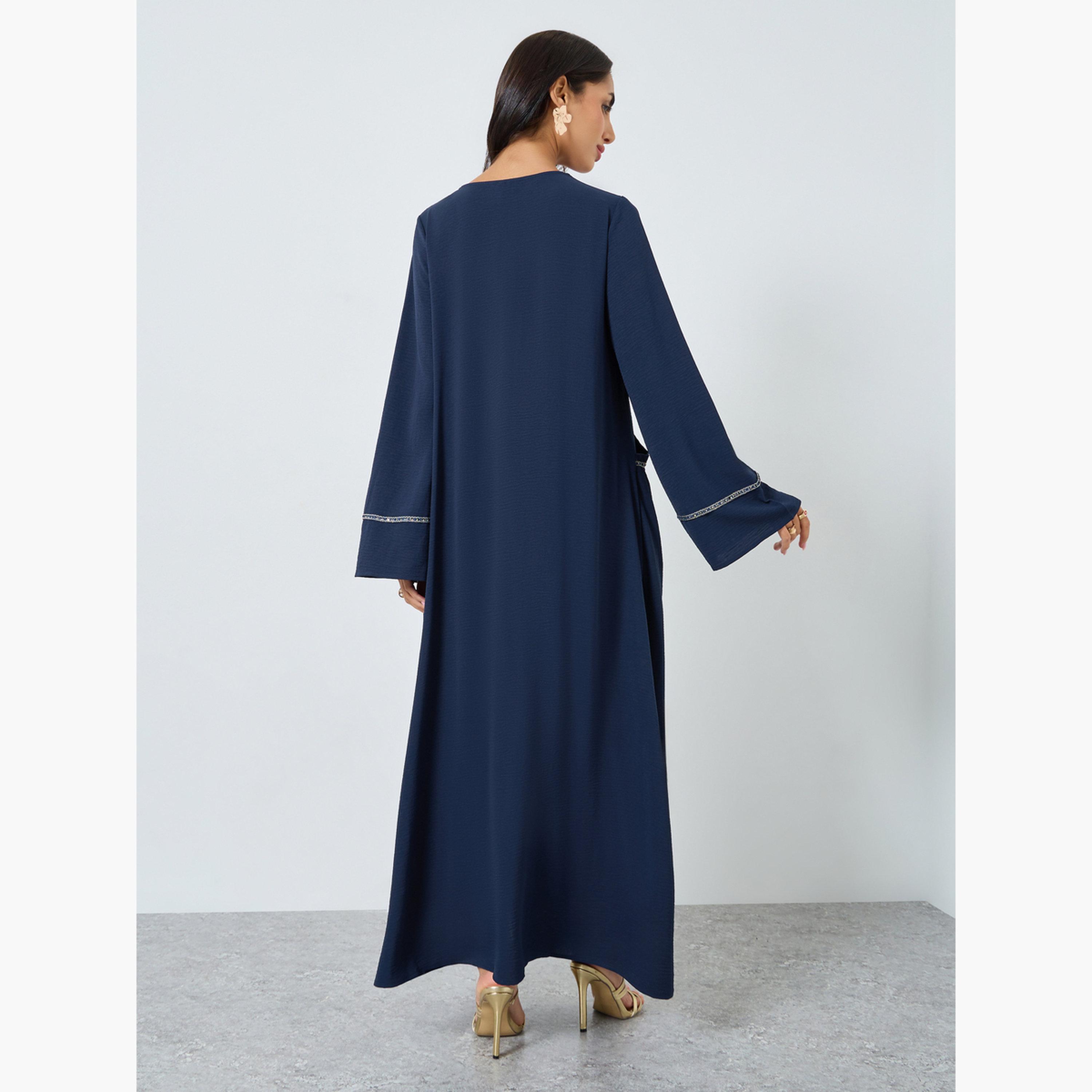 ستايلي - جلابية زرقاء داكنة بتفاصيل دانتيل على شكل حرف A-women-arabicclothing-jalabiyas-image-4