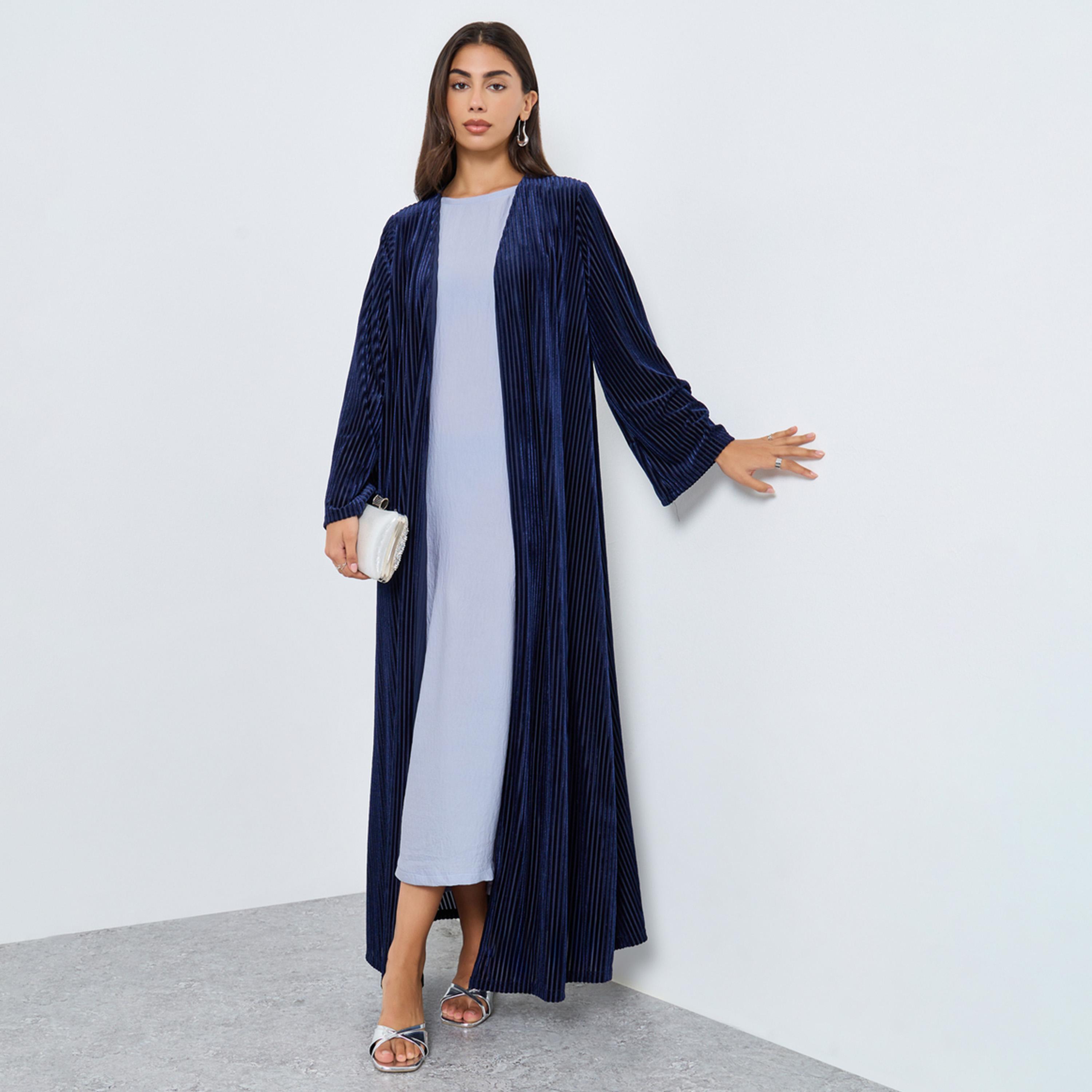 Styli Navy Textured Velvet Look Front Open Blue Abaya-women-arabicclothing-abayas-image-1