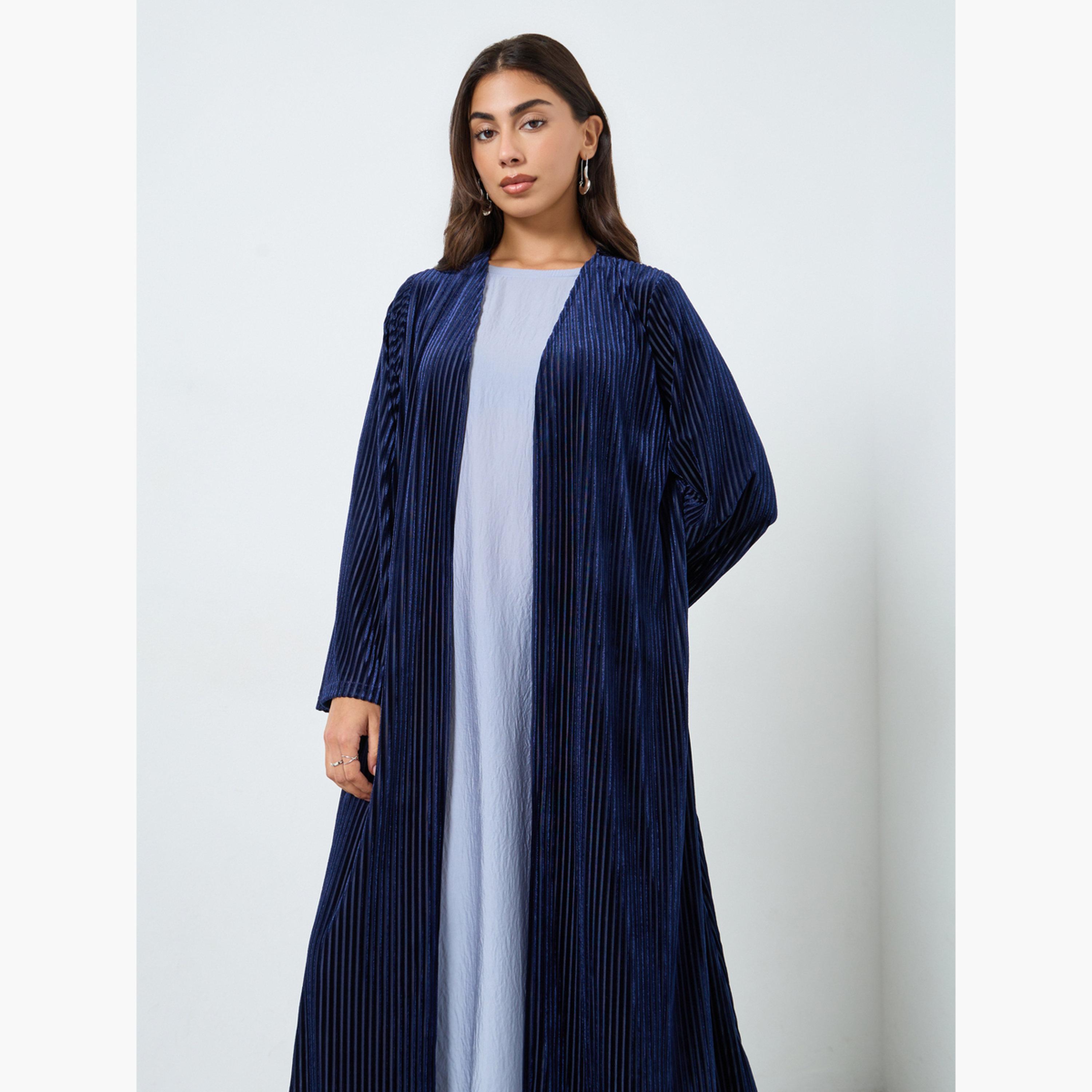Styli Navy Textured Velvet Look Front Open Blue Abaya-women-arabicclothing-abayas-image-2