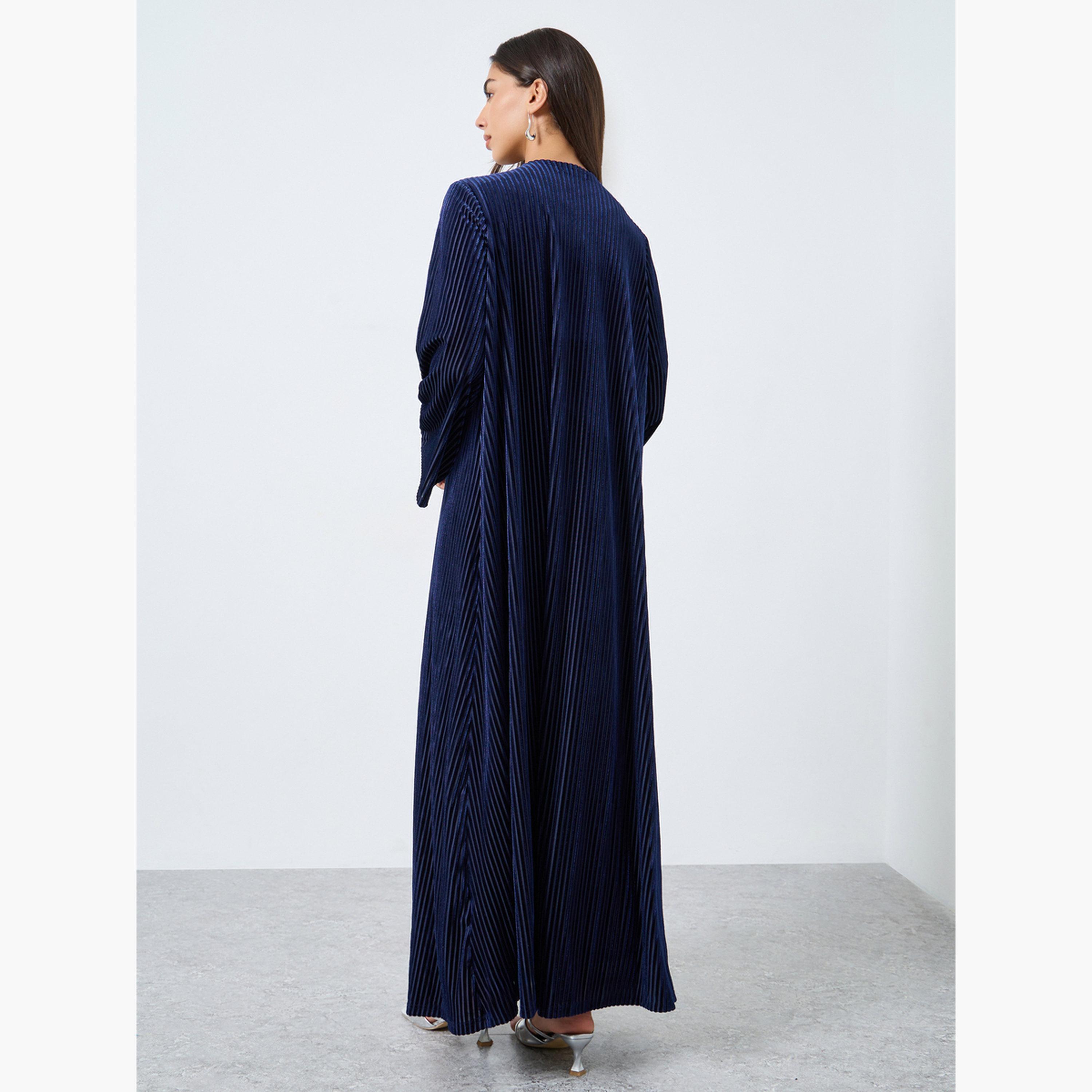 ستايلي - عباية زرقاء مفتوحة من الأمام بتصميم مخملي مزخرف لون أزرق البحري-women-arabicclothing-abayas-image-3