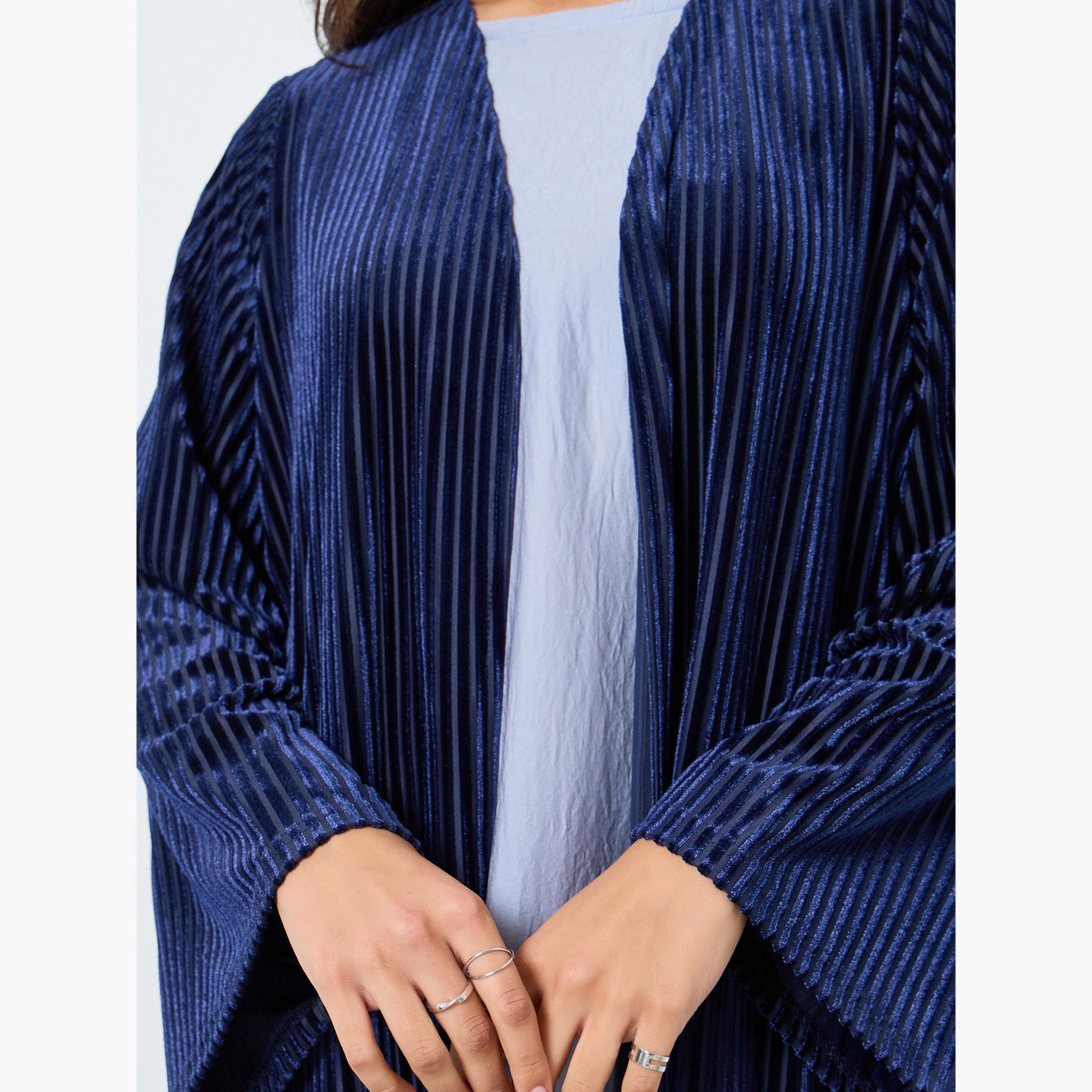 Styli Navy Textured Velvet Look Front Open Blue Abaya-women-arabicclothing-abayas-image-4