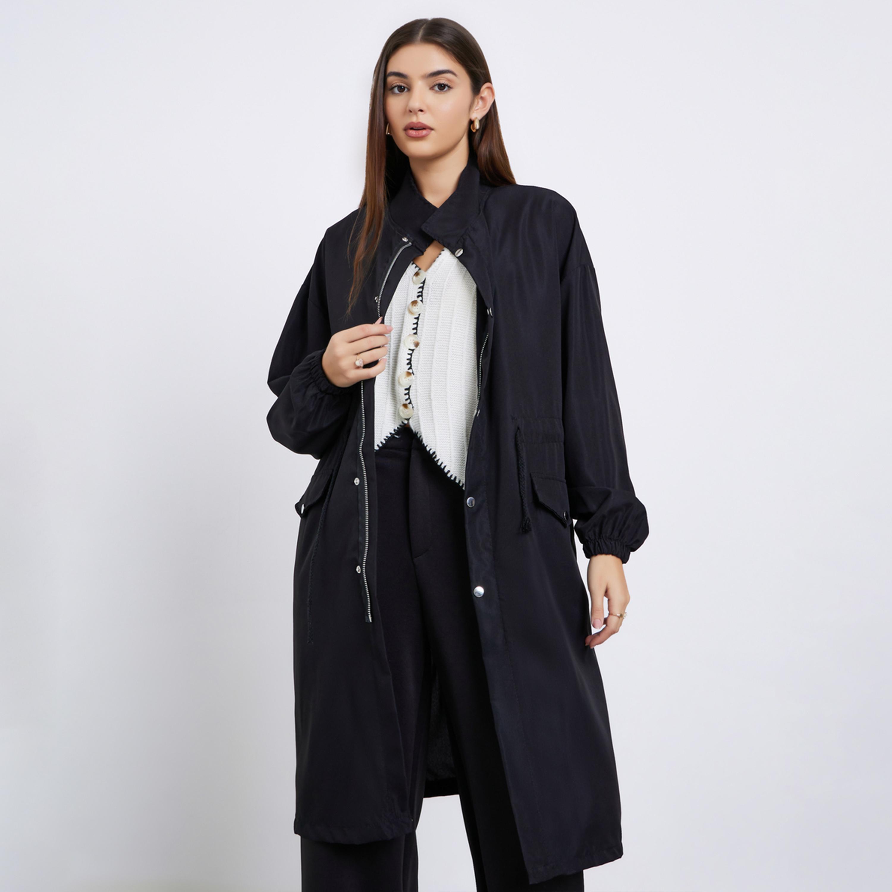 Styli Women Black Oversized Utility Coat with Drawstring-women-clothing-coatsandjackets-coats-image-1