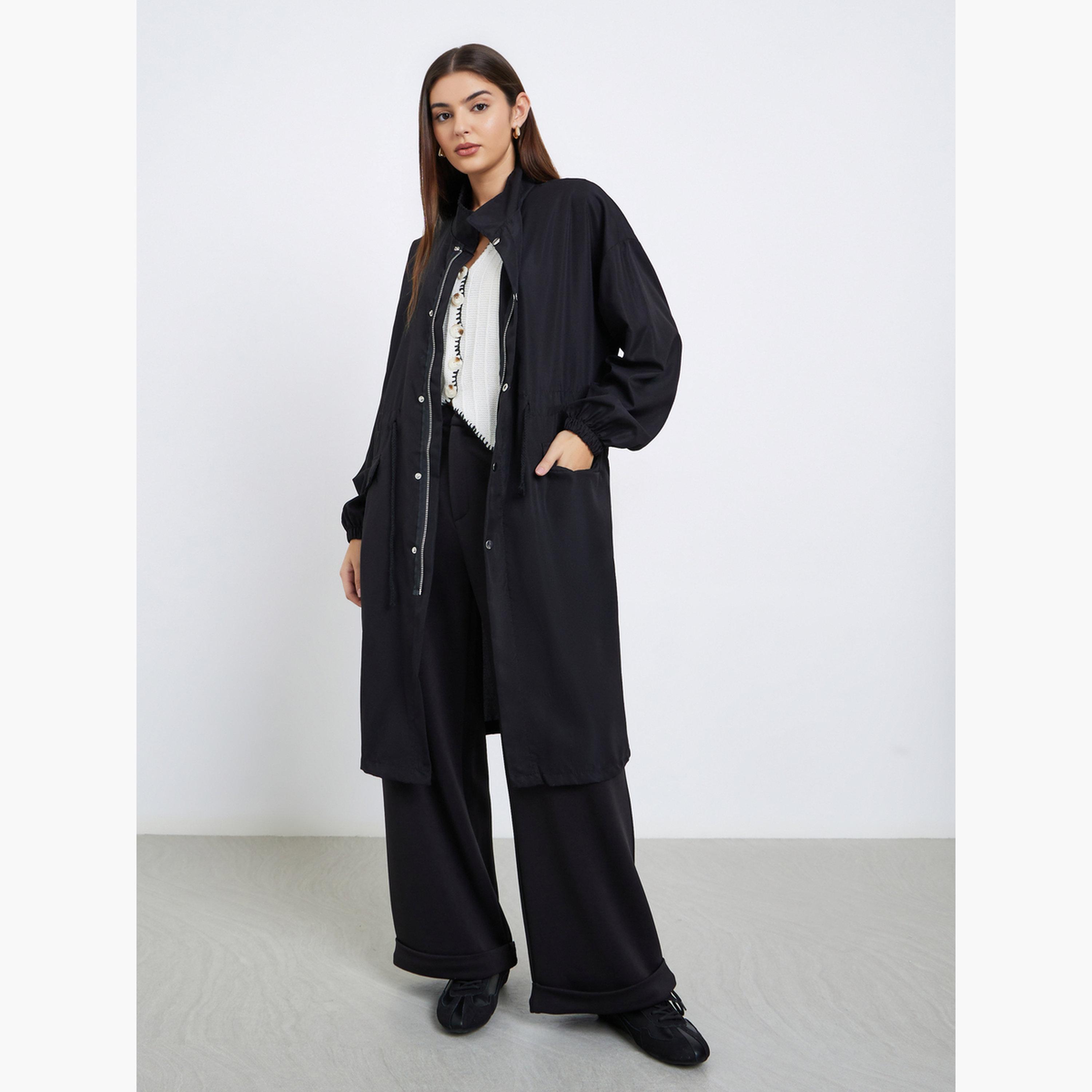 Styli Women Black Oversized Utility Coat with Drawstring-women-clothing-coatsandjackets-coats-image-2