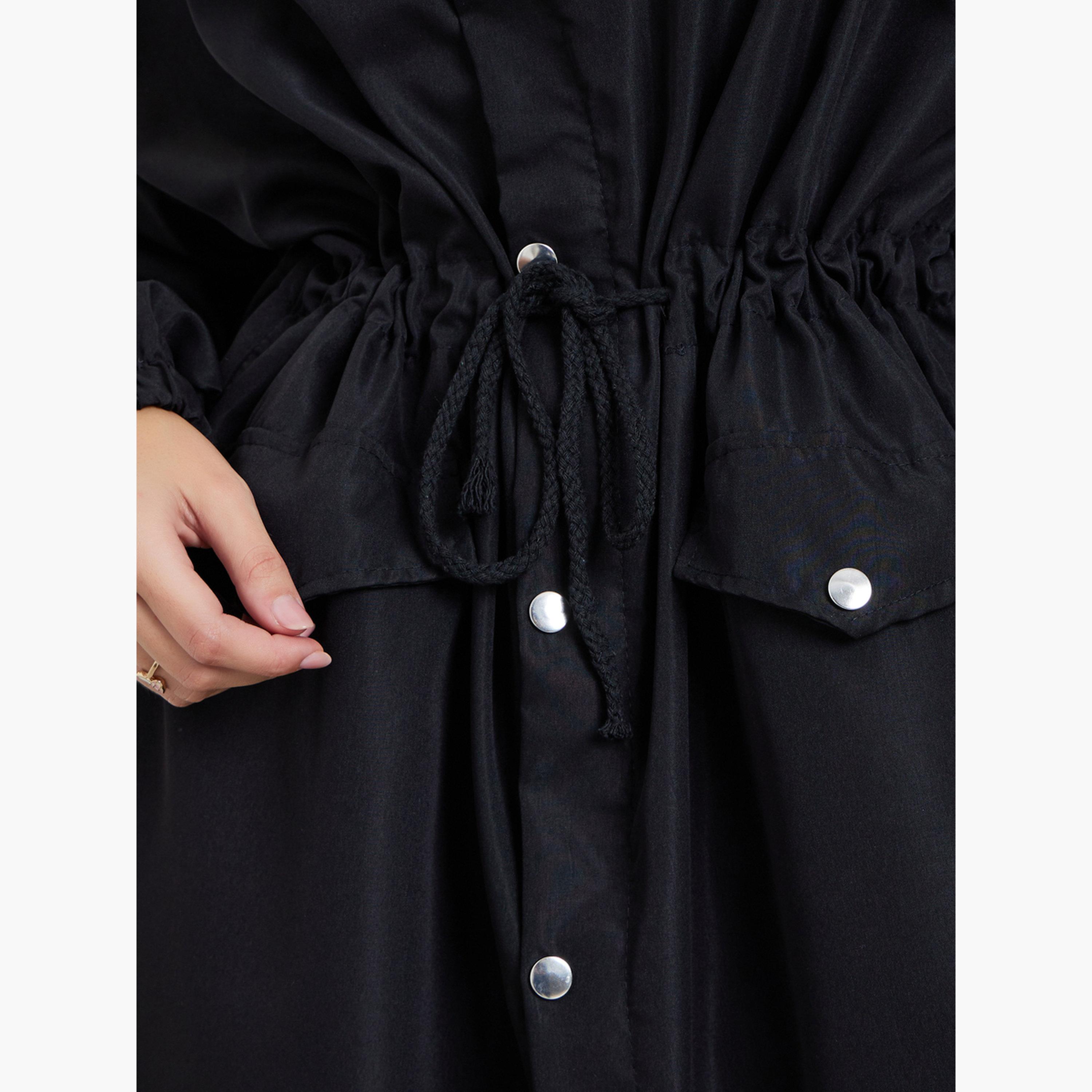 Styli Women Black Oversized Utility Coat with Drawstring-women-clothing-coatsandjackets-coats-image-4