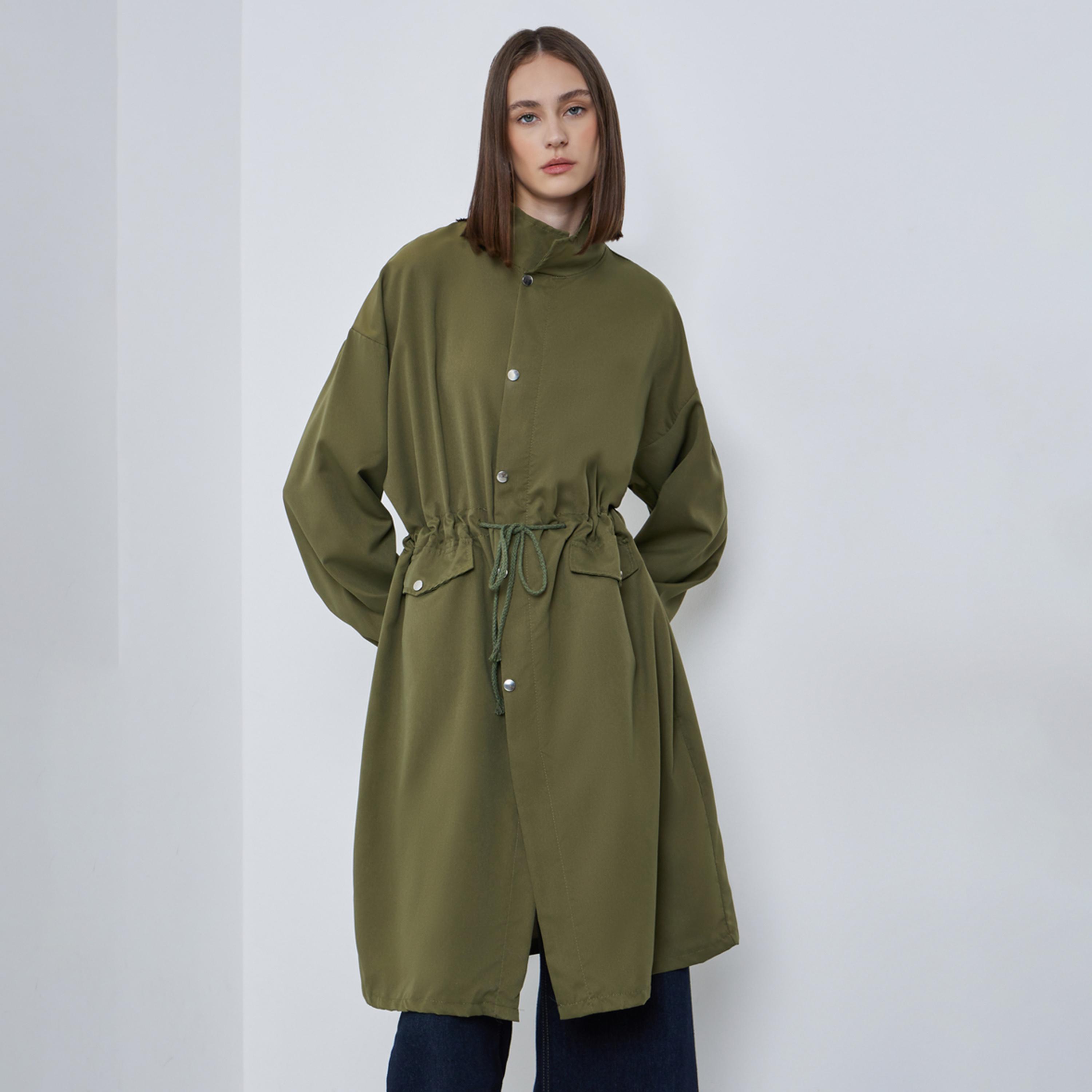 Styli Women Olive Oversized Utility Coat with Drawstring-women-clothing-coatsandjackets-coats-image-1