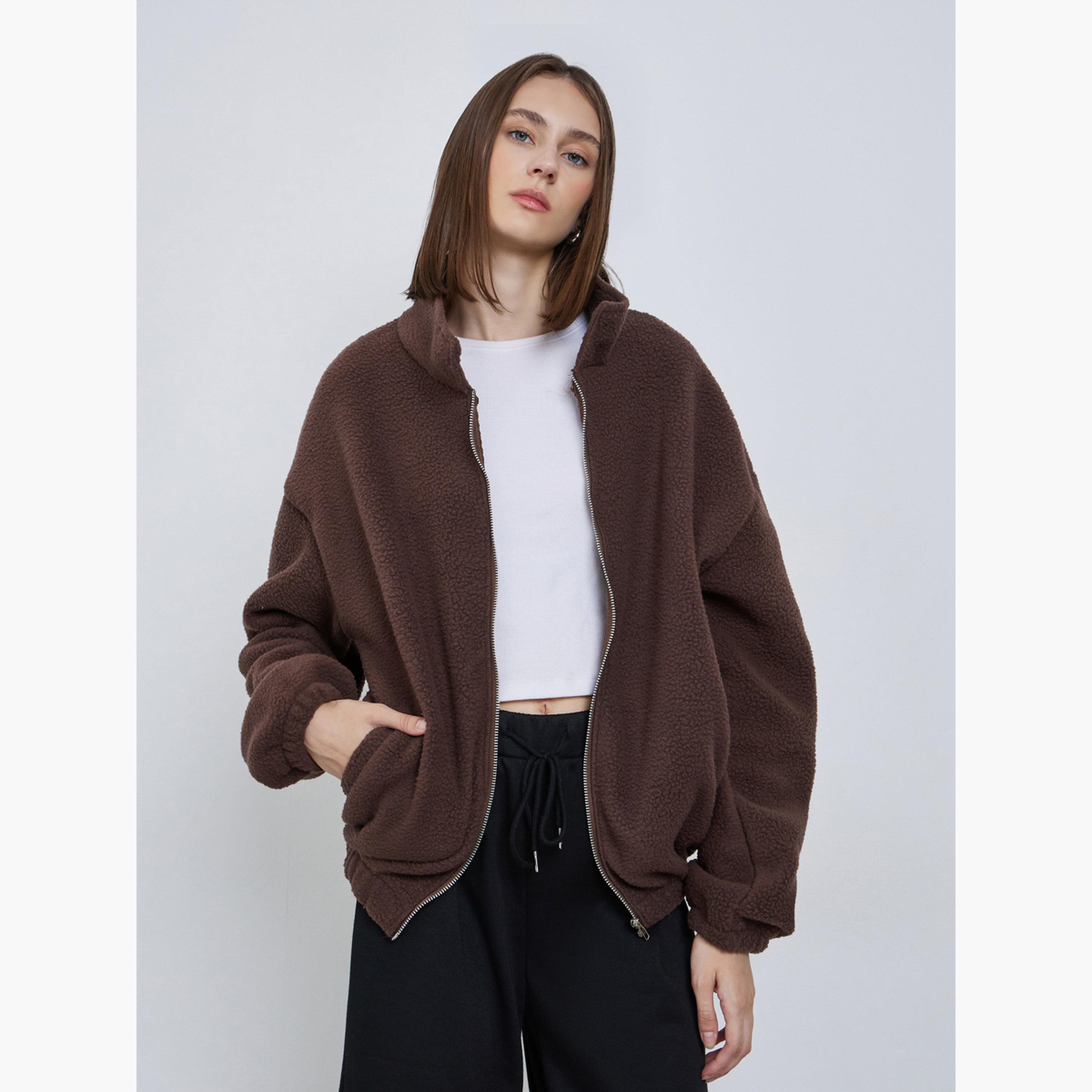 ستايلي - سترة صوفية تصميم واسع ذات ياقة باللون البني للنساء -women-winterwear-coatsandjackets-jackets-image-1