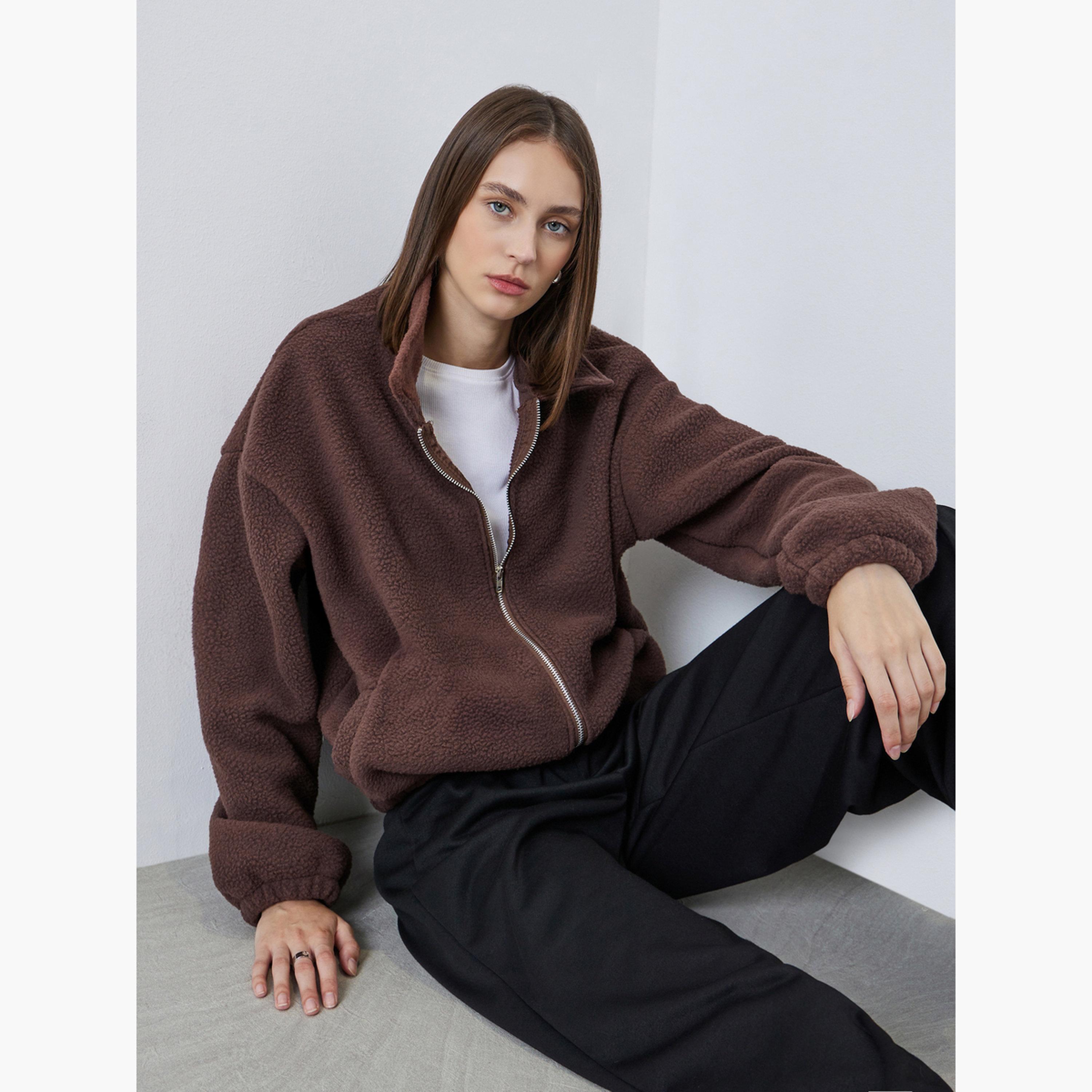 ستايلي - سترة صوفية تصميم واسع ذات ياقة باللون البني للنساء -women-winterwear-coatsandjackets-jackets-image-3