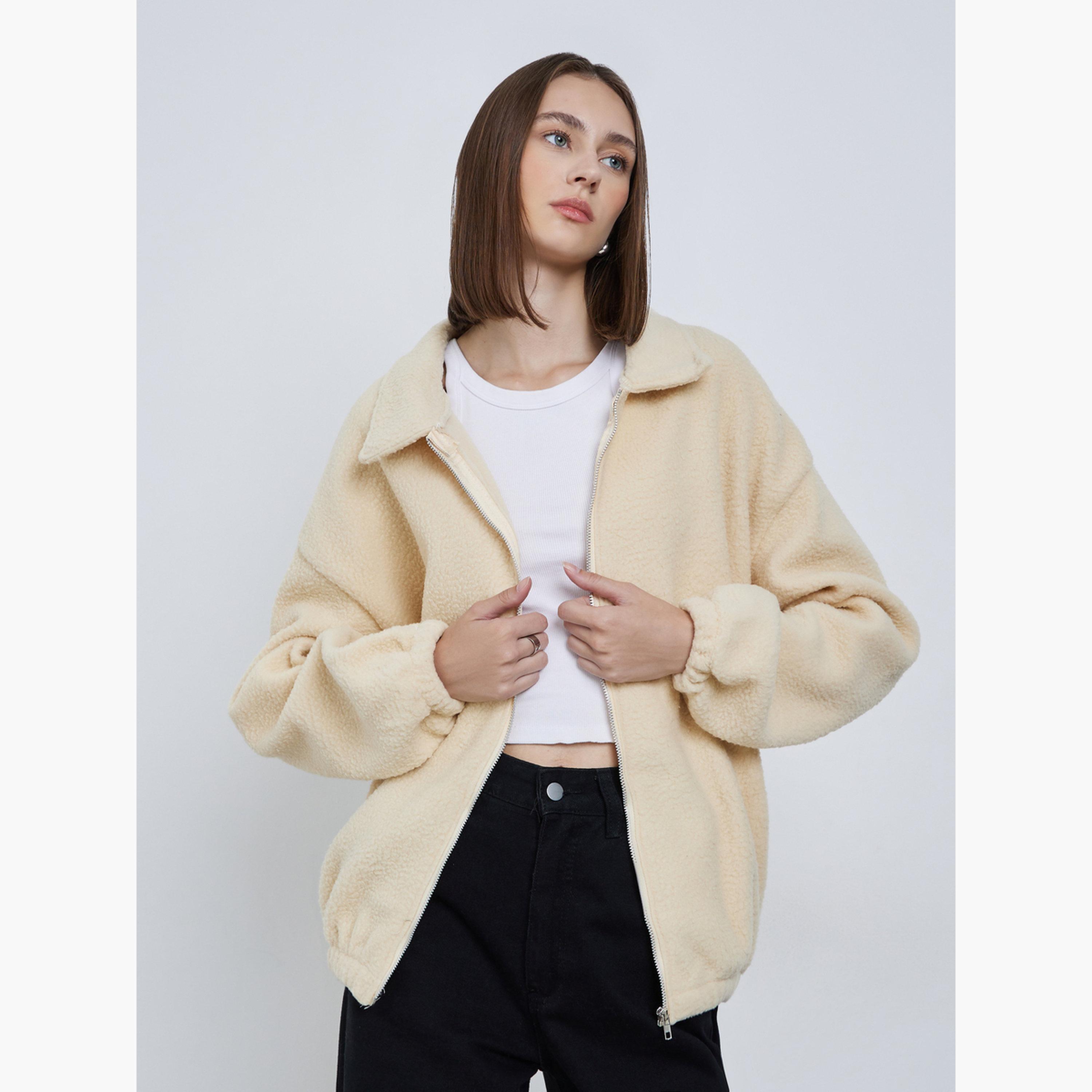 ستايلي - سترة صوفية تصميم واسع ذات ياقة باللون الكريمي للنساء -women-winterwear-coatsandjackets-jackets-image-1