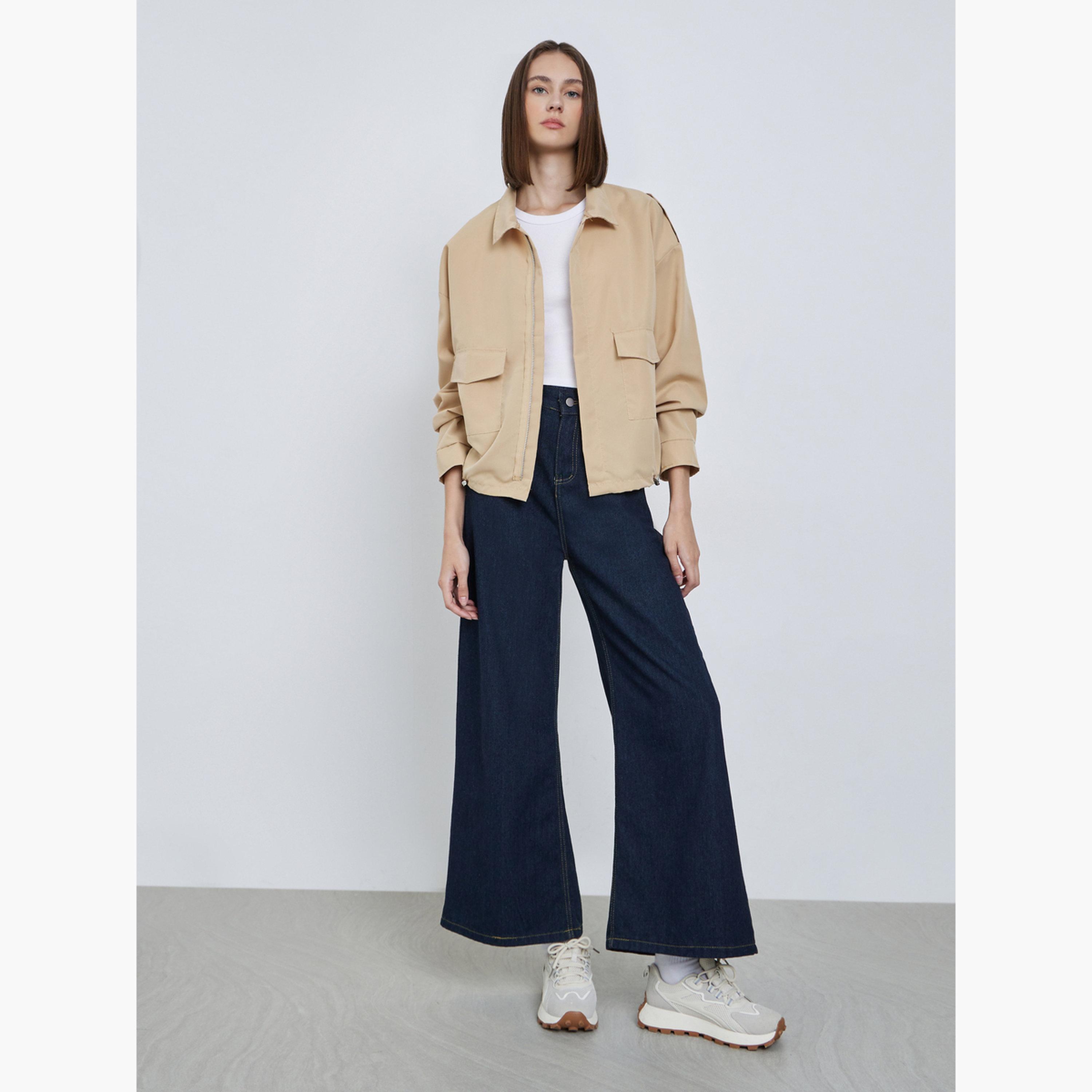 Styli Solid Collared Long Sleeves Women's Zip Through Utility Jacket-women-winterwear-coatsandjackets-jackets-image-2