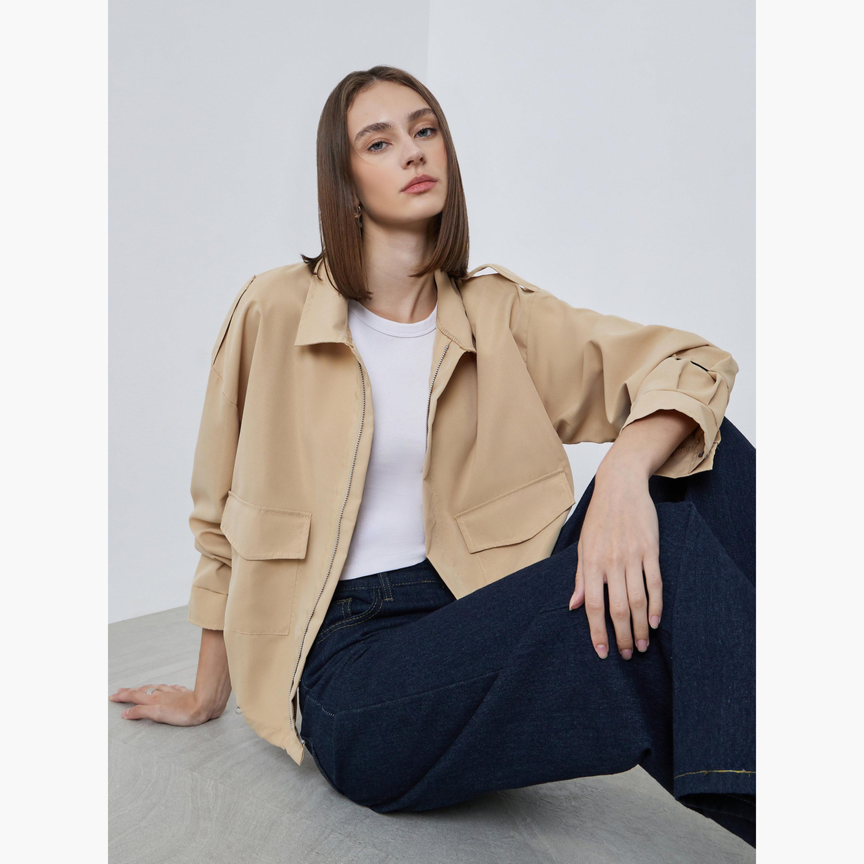 Styli Solid Collared Long Sleeves Women's Zip Through Utility Jacket-women-winterwear-coatsandjackets-jackets-image-3