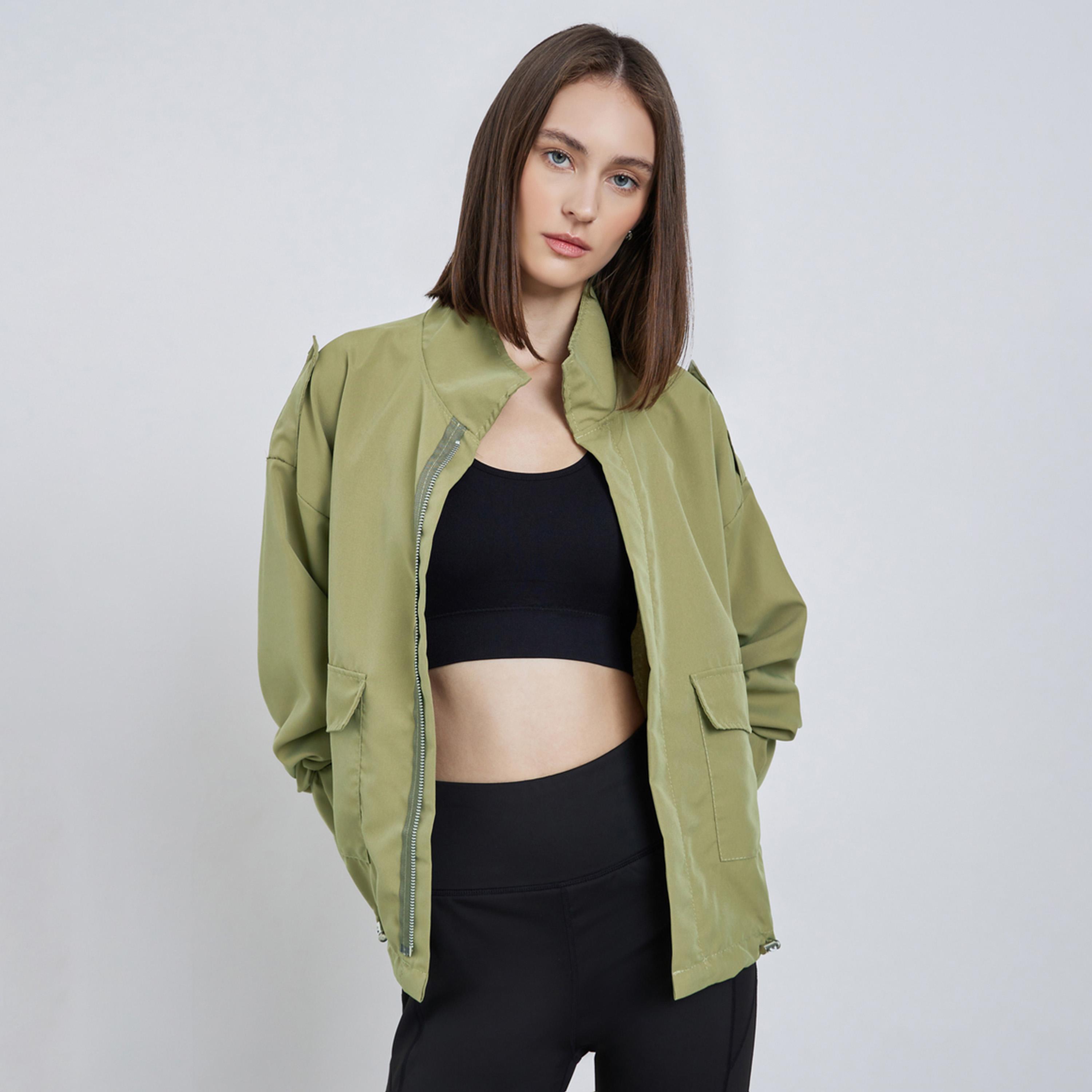Styli Solid Collared Long Sleeves Women's Zip Through Utility Jacket-women-winterwear-coatsandjackets-jackets-image-1