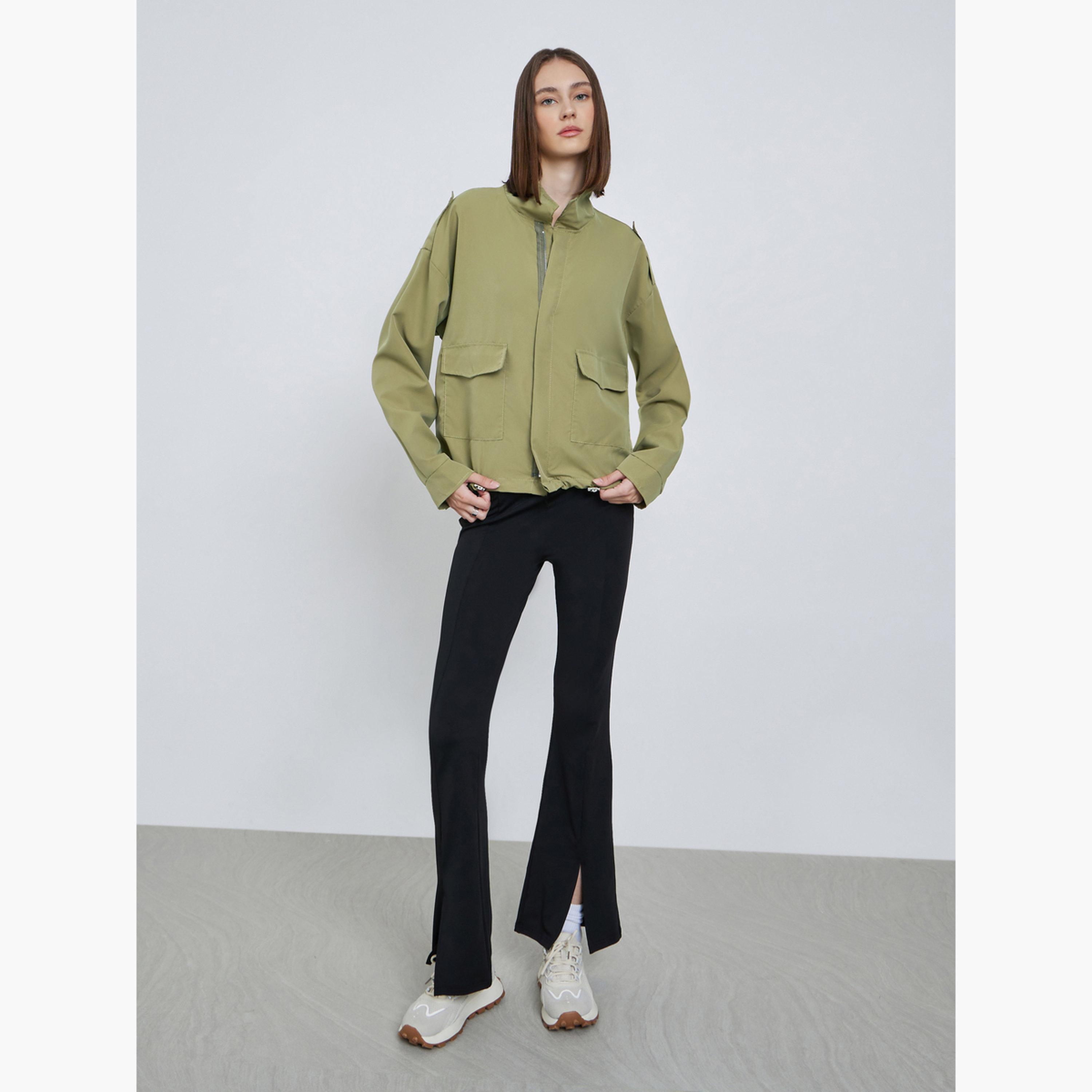 Styli Solid Collared Long Sleeves Women's Zip Through Utility Jacket-women-winterwear-coatsandjackets-jackets-image-2