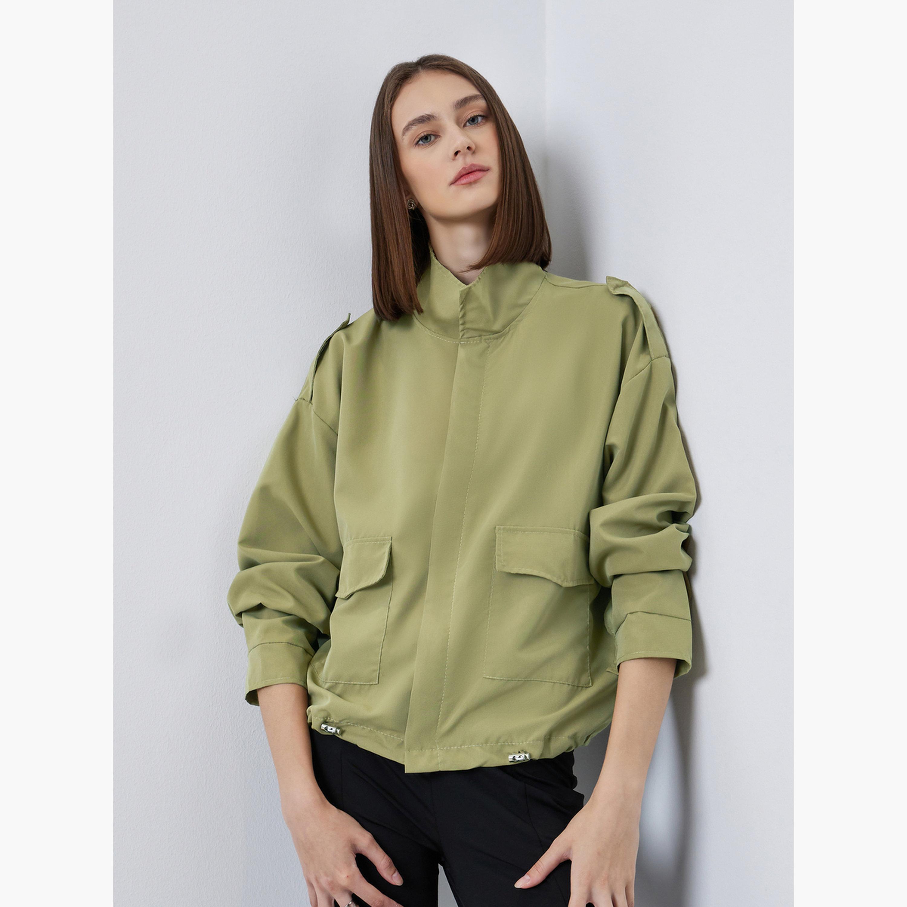 Styli Solid Collared Long Sleeves Women's Zip Through Utility Jacket-women-winterwear-coatsandjackets-jackets-image-3