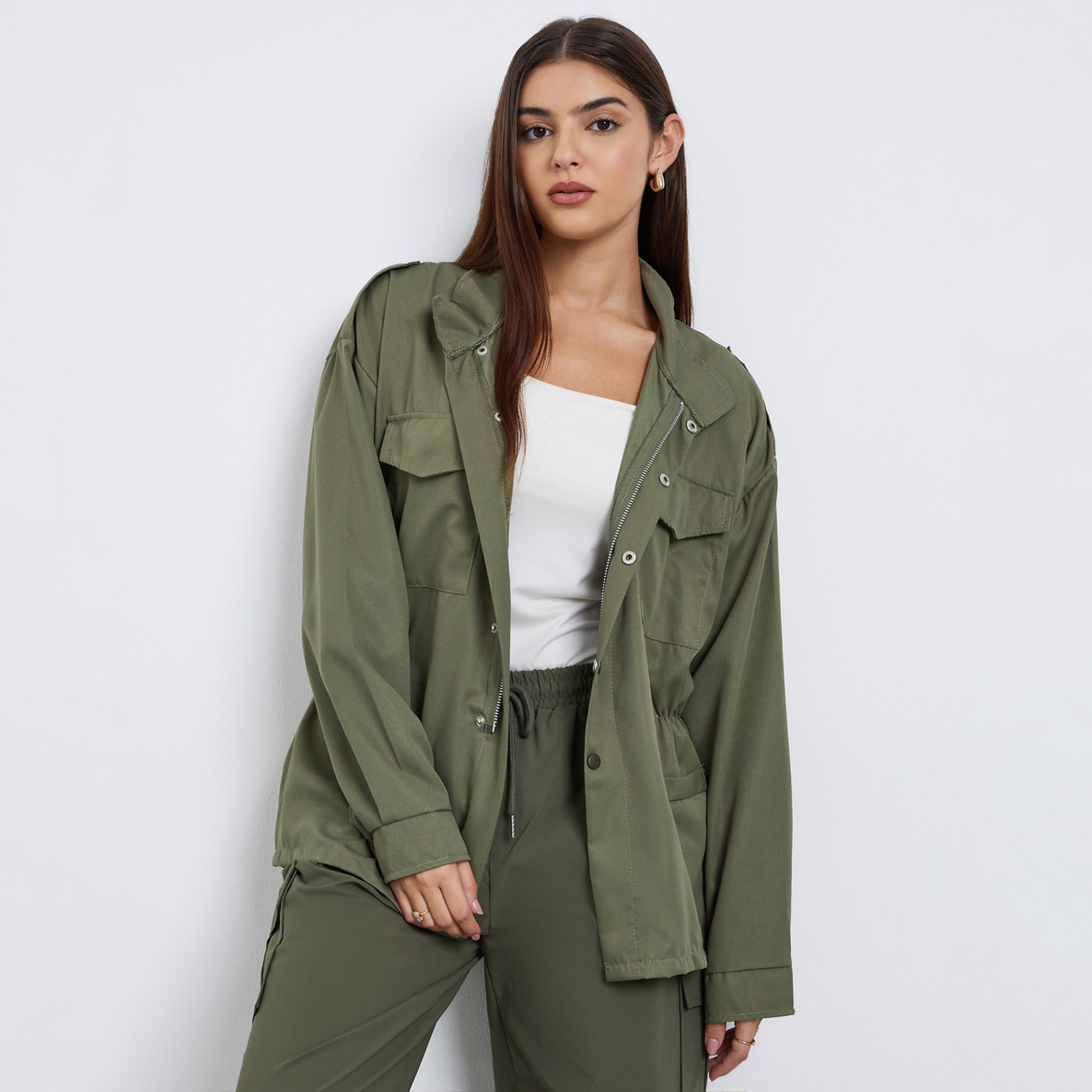 Styli Solid Collared Long Sleeves Women's Zip Through Utility Jacket-women-winterwear-coatsandjackets-jackets-image-1