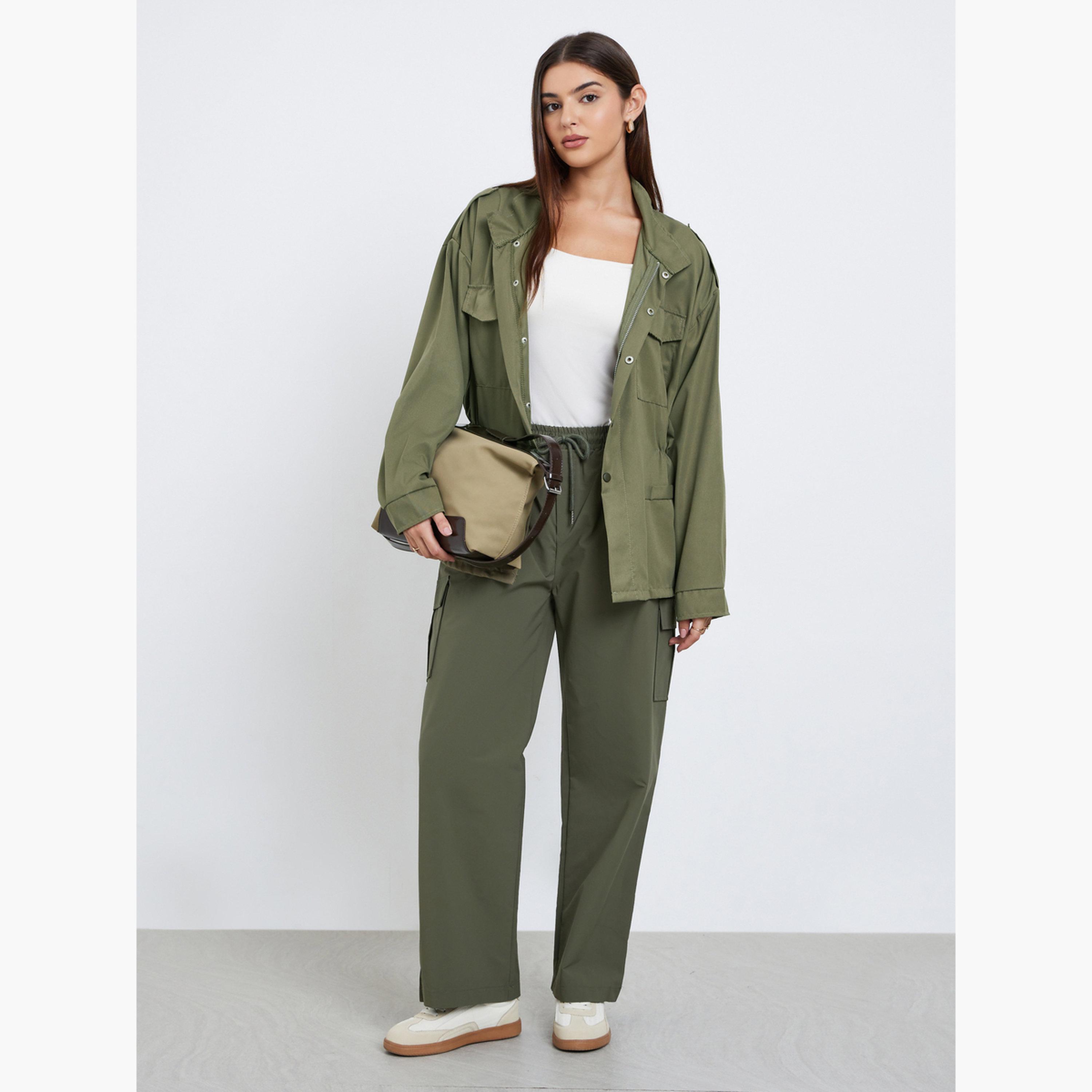 Styli Solid Collared Long Sleeves Women's Zip Through Utility Jacket-women-winterwear-coatsandjackets-jackets-image-2