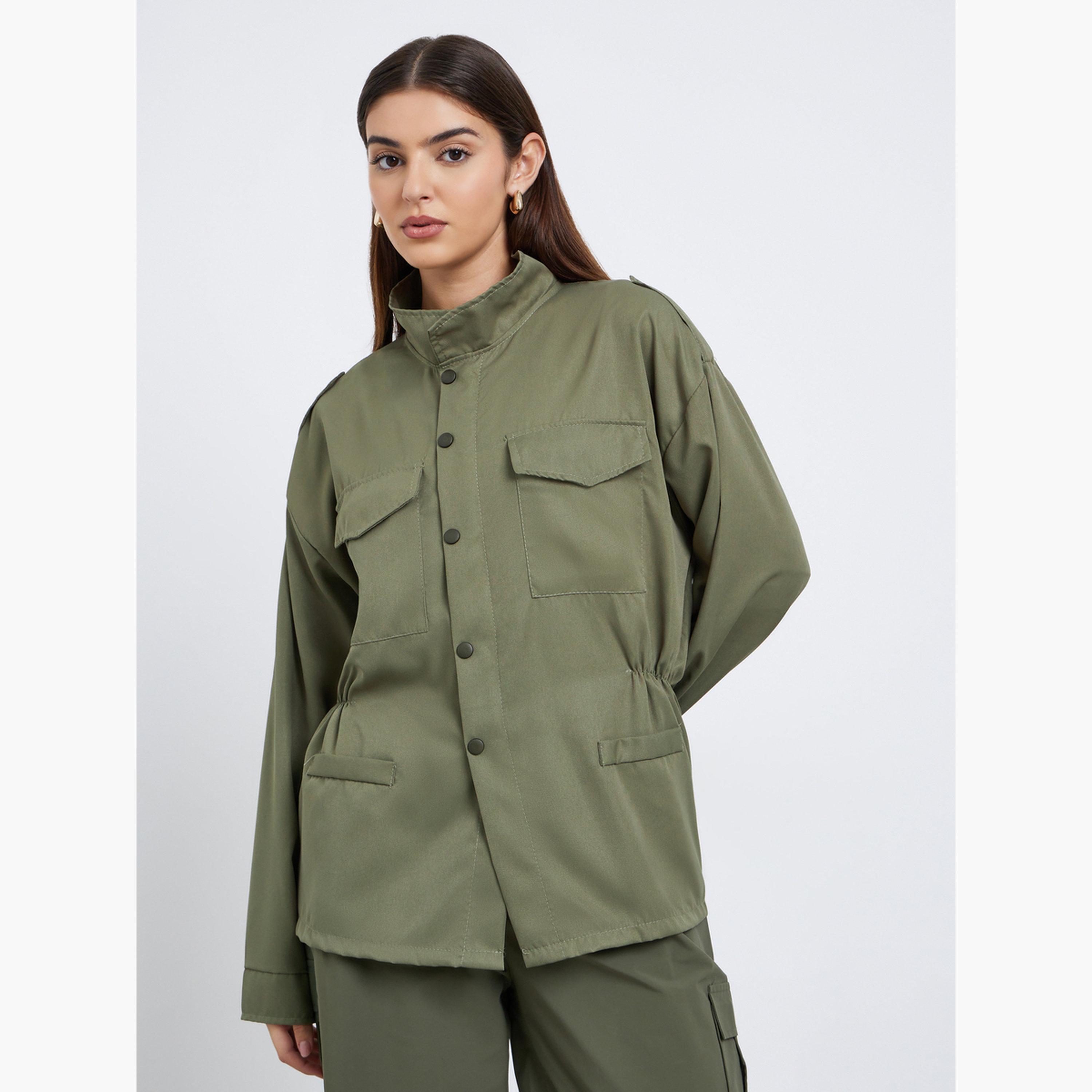 Styli Solid Collared Long Sleeves Women's Zip Through Utility Jacket-women-winterwear-coatsandjackets-jackets-image-3