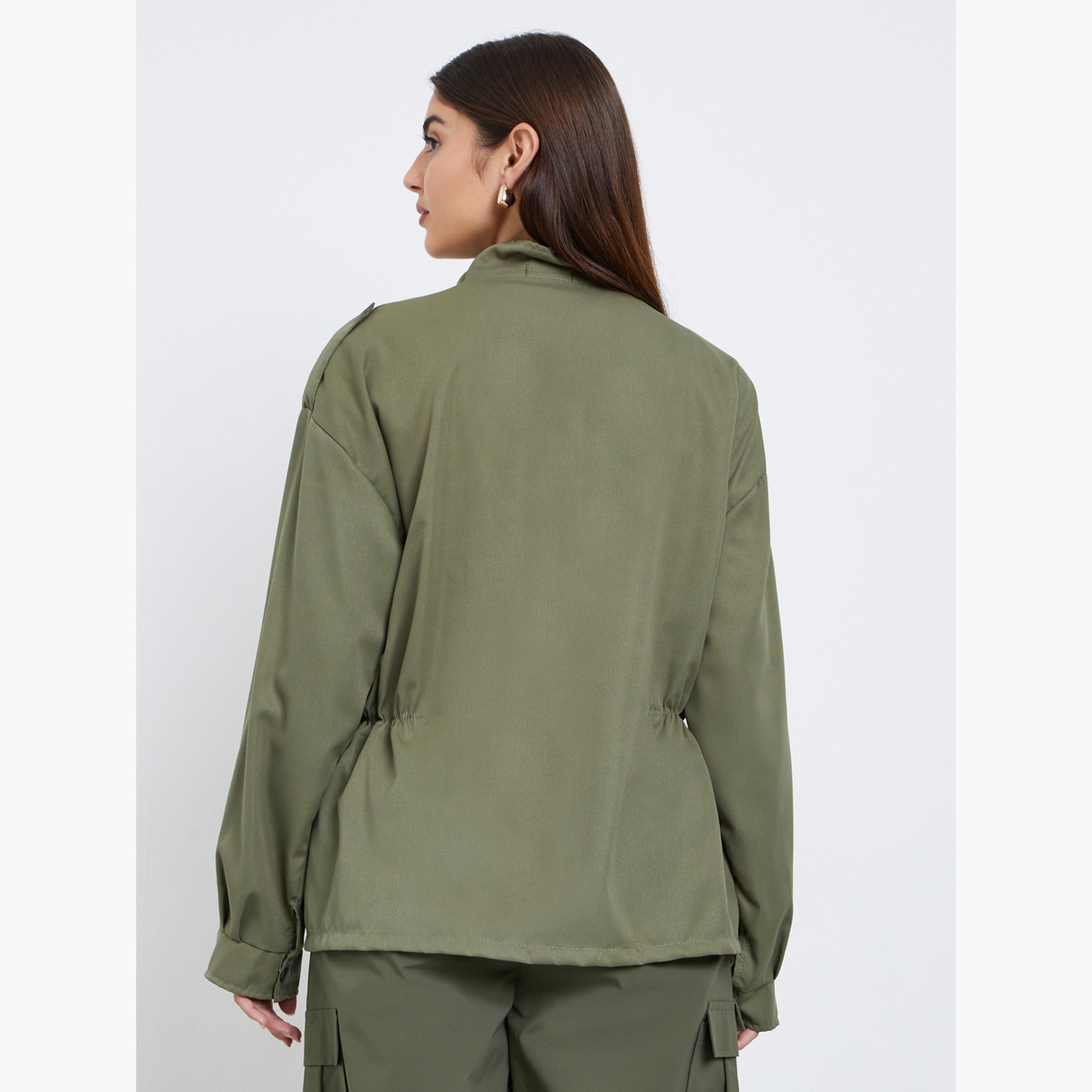 Styli Solid Collared Long Sleeves Women's Zip Through Utility Jacket-women-winterwear-coatsandjackets-jackets-image-5